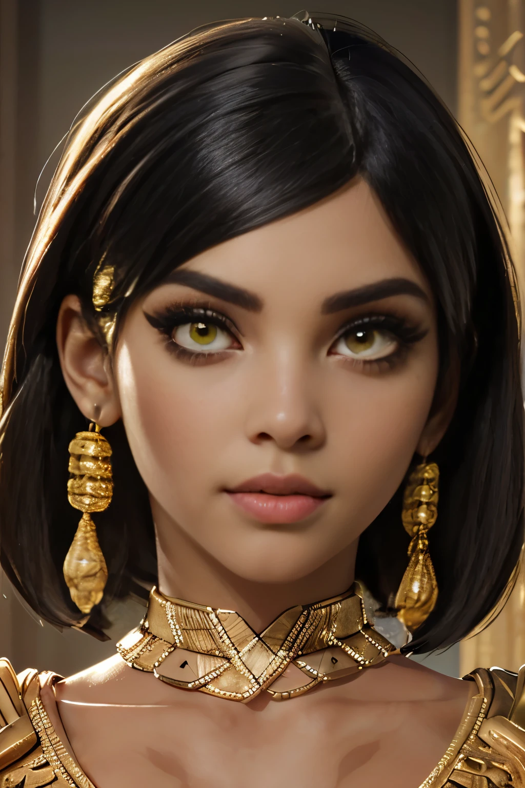 hyper realistic portrait shot of a beautiful egyptian queen, looking down proudly on the camera with her (expressive yellow eyes), tanned skin tone , thin nose, thick kissable parted lips , (black blunt bob hair with braided bangs), golden accessories and jewelries , (thick eyeliner), (eye makeup),