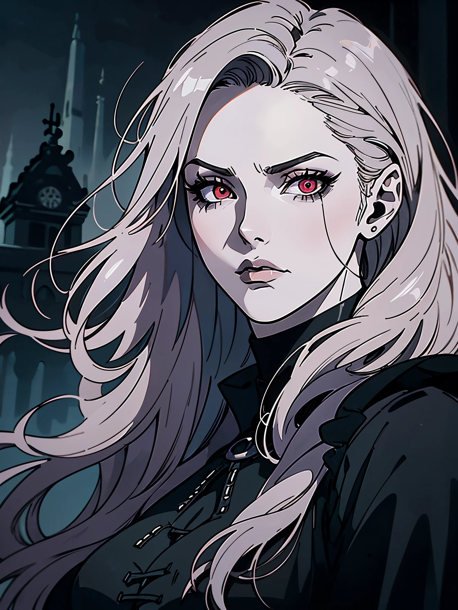 (best quality,4k,8k,highres,masterpiece:1.2),ultra-detailed,(realistic,photorealistic,photo-realistic:1.37),goth anime girl,90s anime,gothic,1woman,dark church,red eyes,dark ambient,low saturation,anime style,pale skin,long flowing hair,gothic clothing,silhouette,surreal background,mysterious atmosphere,intense emotions,melancholic expression,dim candlelight,lens flare,dramatic shadows,symbolic elements,heavy makeup,pale and dark colors,misty fog,ethereal beauty,subtle texture