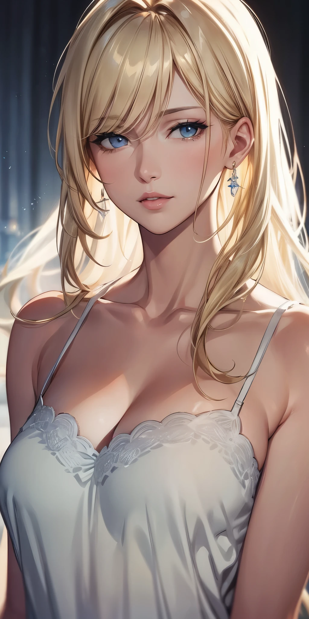 portrait, elegant adult woman, blonde hair, perfect eyes, big breast, high resolution 8k, beautiful cg, soft light