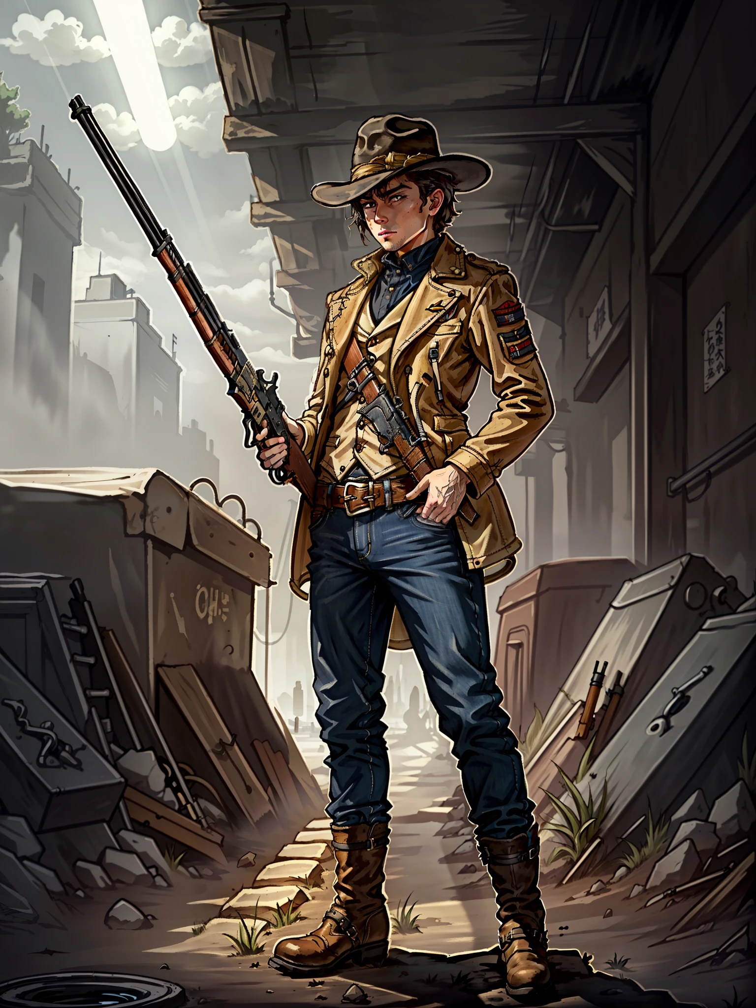 grainy, masterpiece, extremely detailed, 1boy, solo, solo focus, male focus, alien, cowboy hat, jeans, cowboy boots, leather gloves, underground, base city sewers, mature man, holding weapon, leveraction, antique firearm, holding weapon, trigger discipline, side view