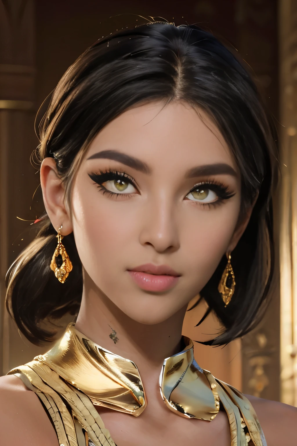 hyper realistic portrait shot of a beautiful egyptian queen, looking down proudly on the camera with her (expressive yellow eyes), tanned skin tone , thin nose, thick kissable parted lips , (black blunt bob hair with braided bangs), golden accessories and jewelries , (thick eyeliner), (eye makeup),