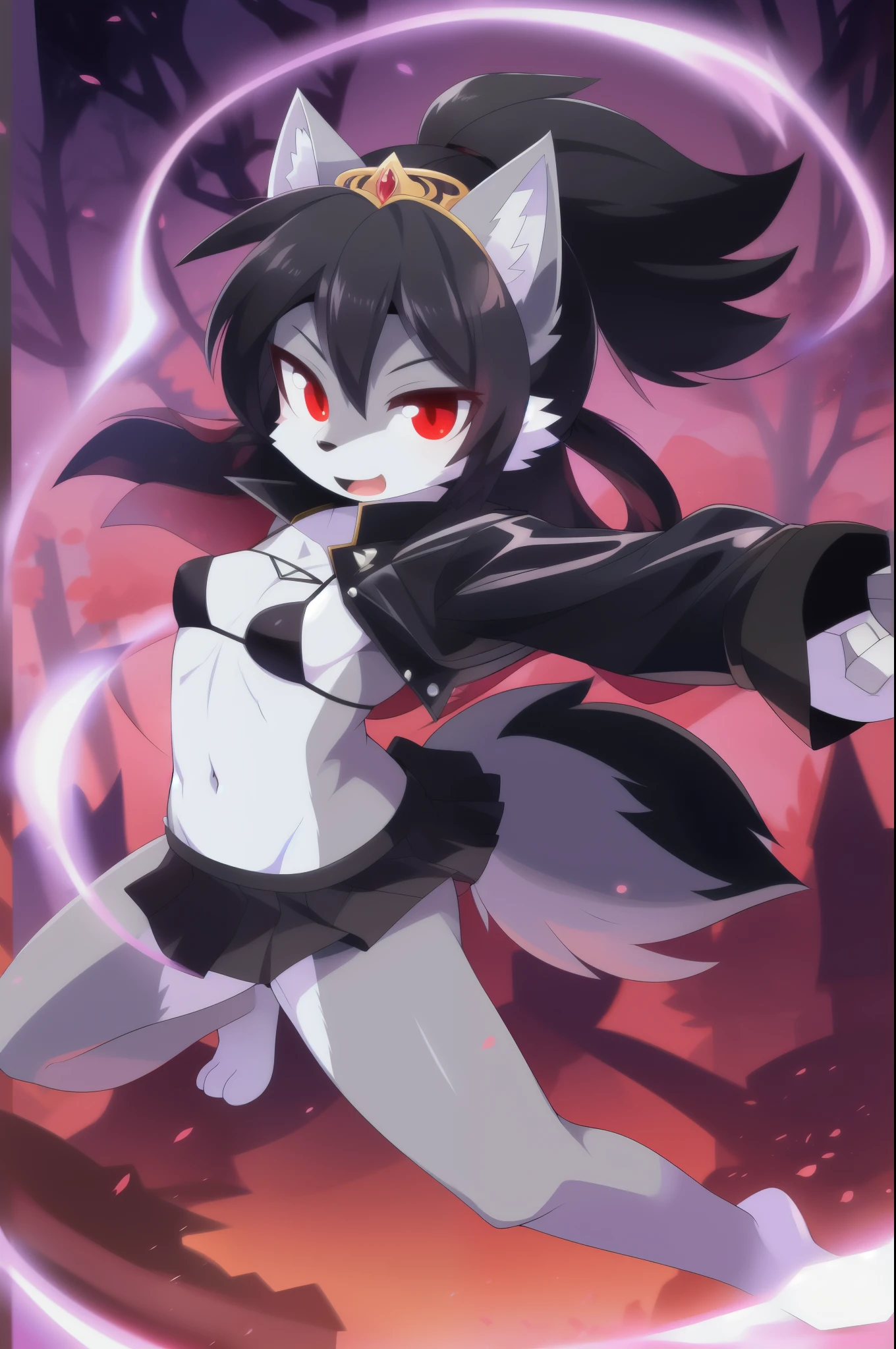 furry girl, wolf, black hair, punk hairstyle, long spiky ponytail, anime style, small breasts, red eyes, ((princess tiara, black jacket, open clothes, black bikini, black skirt)), navel, high quality, detailed body, detailed eyes, detailed face, masterpiece, glistening body, detailed body fur, best quality, two tone body, gray fur, clear gray fur, perfect lighting, perfect shadows, perfect eyes, perfect hair, perfect face, gorgeous body, :3, feets with three toes, full body, solo, magic aura, Action: Magic, Magic spell, Magic particles, glowing eyes, sakura tree forest, clear sky, flying kick, kicking, barefoot, open mouth, 