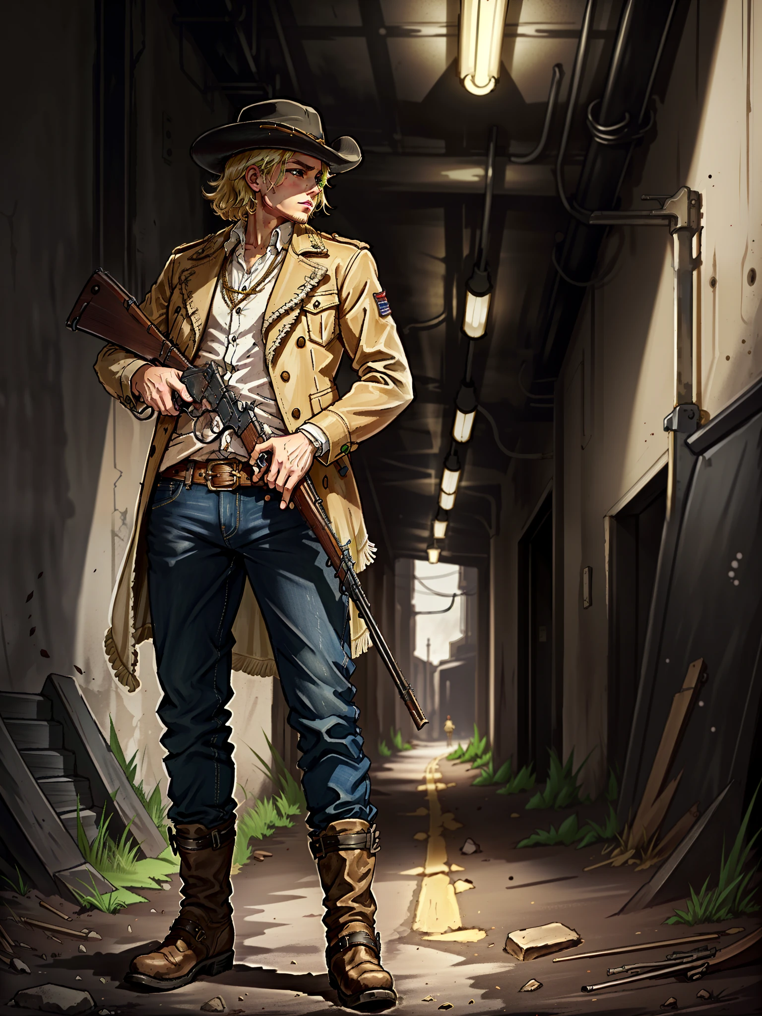 grainy, masterpiece, extremely detailed, 1boy, solo, solo focus, male focus, alien, blonde hair, green eyes, cowboy hat, jeans, cowboy boots, leather gloves, underground, base city sewers, mature man, holding weapon, leveraction, antique firearm, holding weapon, trigger discipline, side view