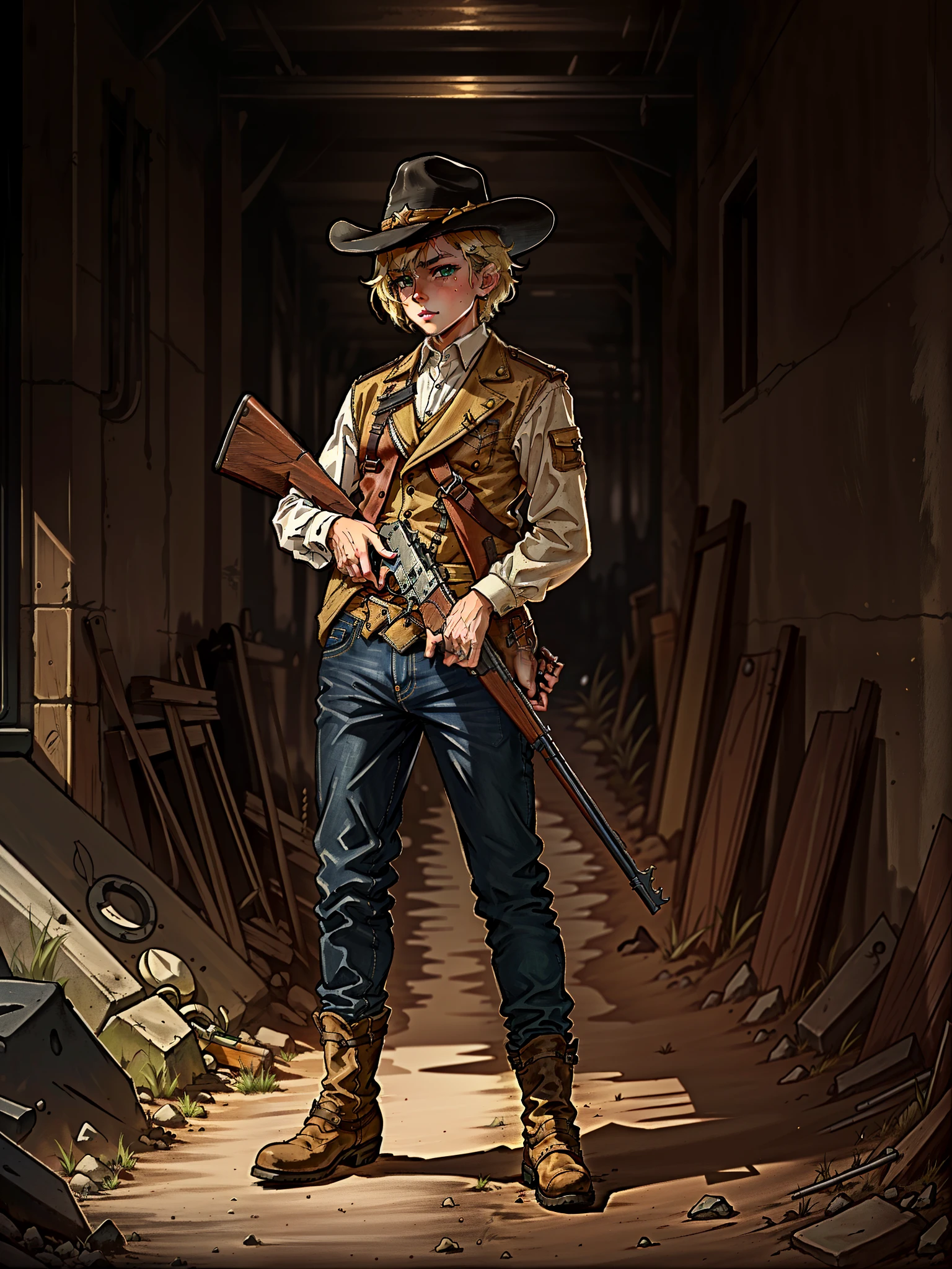 grainy, masterpiece, extremely detailed, 1boy, solo, solo focus, male focus, alien, blonde hair, green eyes, cowboy hat, jeans, cowboy boots, leather gloves, underground, base city sewers, mature man, holding weapon, leveraction, antique firearm, holding weapon, trigger discipline, side view