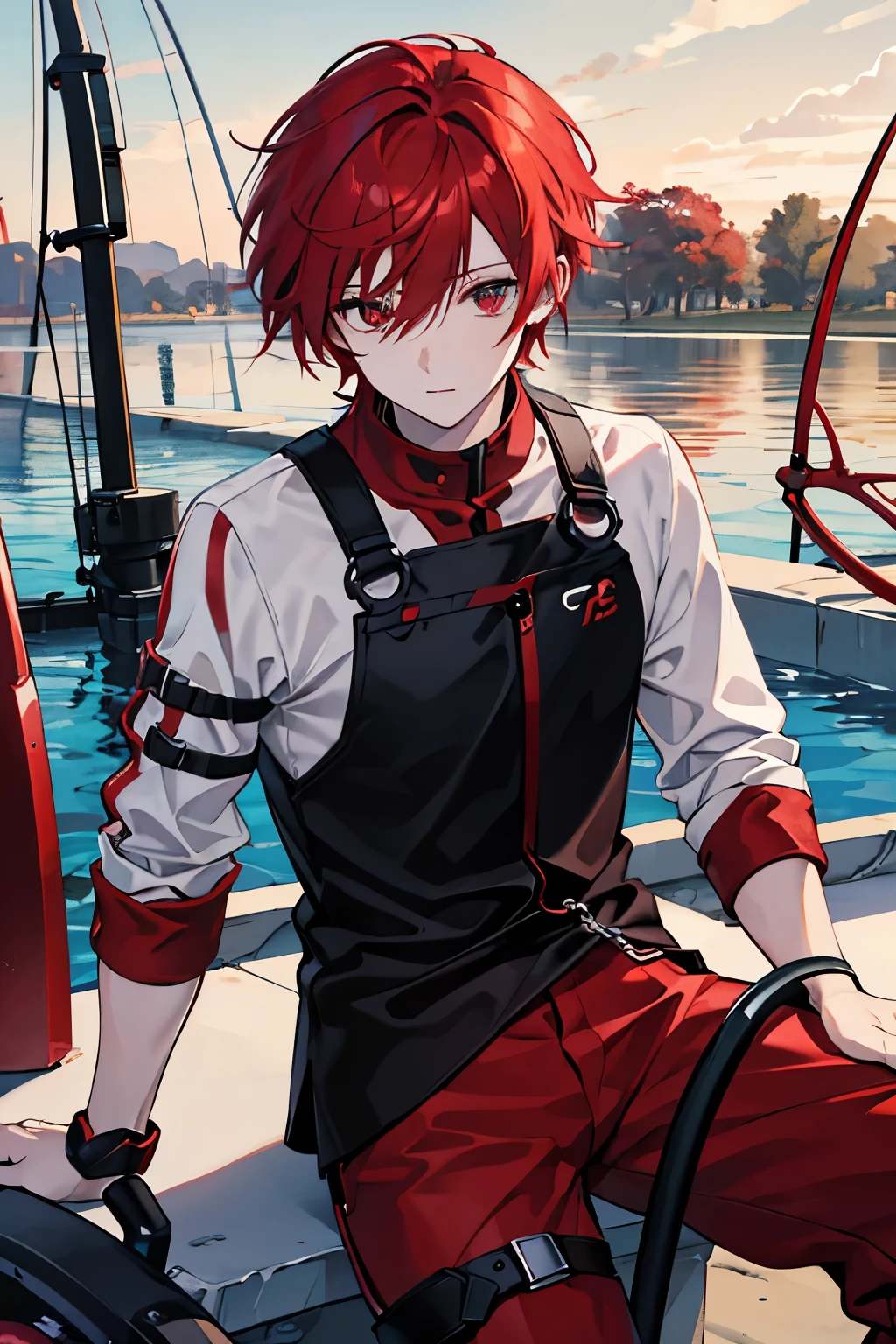 male　red hair　red eyes　pants　cutter　boots　pool　fishing rod　fishing　masterpiece　Highest image quality　noise removal　clear parts 　cinematic shadow　Increases the attractiveness of the eyes　clear parts the shine of the eyes　draw eyelashes neatly　perfect eyes　detailed eyes　sharpen image quality　sharpen eye writing　clear parts eye shape