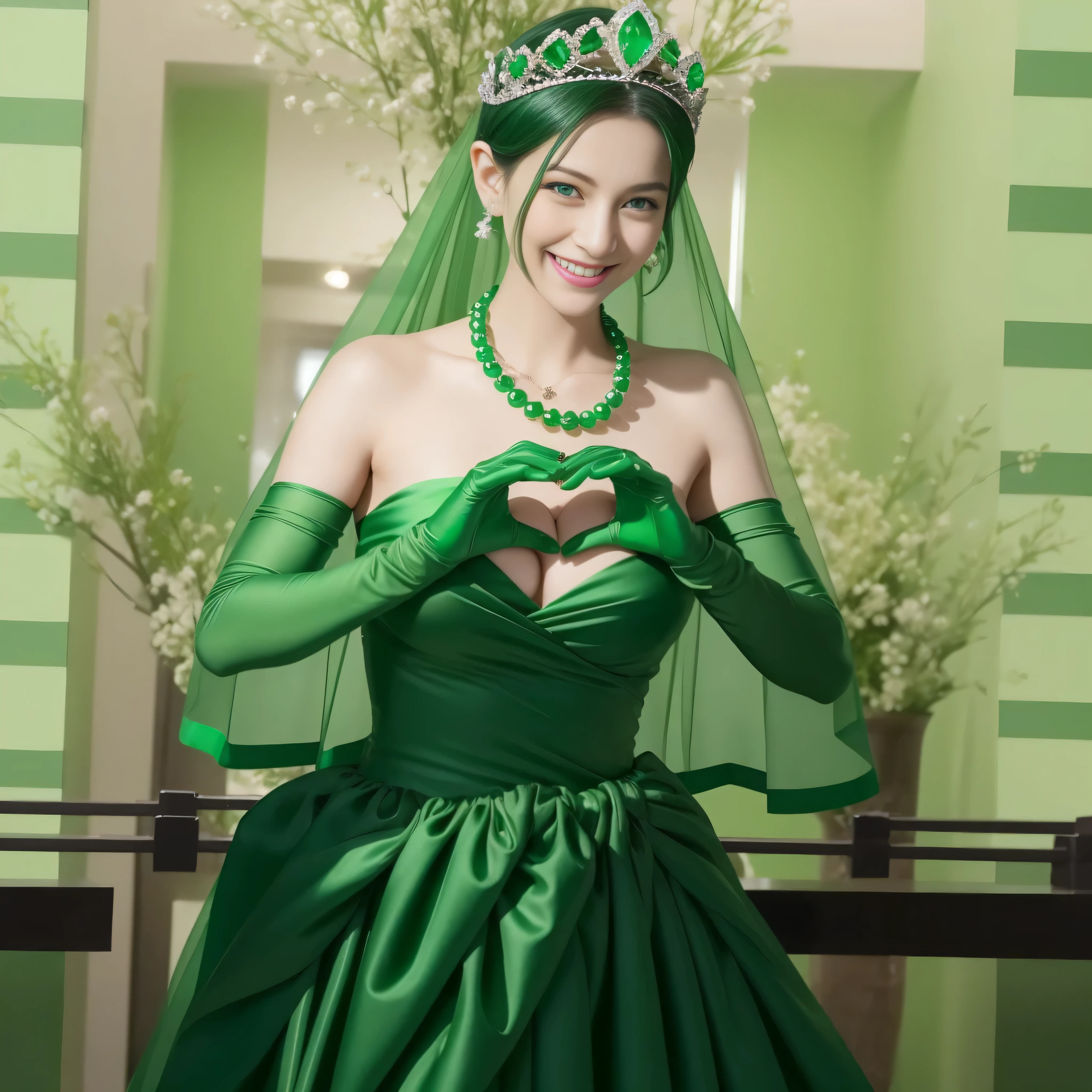 emerald tiara, green pearl necklace, Boyish black hair berry short, lipstick, Smiling Japan woman, very short hair,  big breasts beautiful, green eyes, Green long gloves made of satin material, green eyes, emerald earrings, Green Valley, Heart with both hands