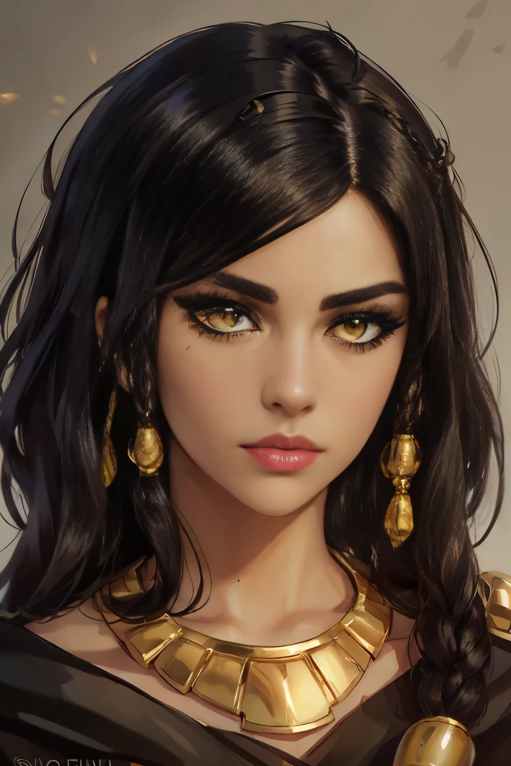 hyper realistic portrait shot of a beautiful egyptian queen, looking down proudly on the camera with her (expressive yellow eyes), tanned skin tone , thin nose, thick kissable parted lips , (black blunt bob hair with braided bangs), golden accessories and jewelries , (thick eyeliner), (eye makeup),