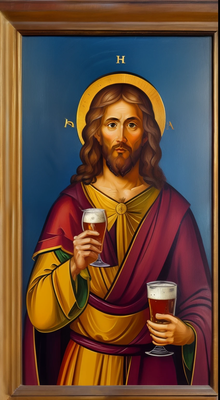 Medieval portrait of Jesus of Nazareth holding a pint of beer in his hand, hd, 8k, medieval painting