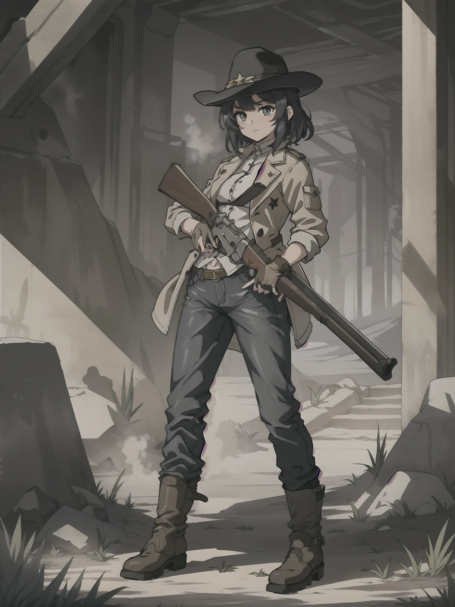 grainy, masterpiece, extremely detailed, 1girl, solo, solo focus, alien, black hair, hazel eyes, cowboy hat, jeans, cowboy boots, leather gloves, underground, base city sewers, mature lady, holding weapon, leveraction, antique firearm, trigger discipline, side view