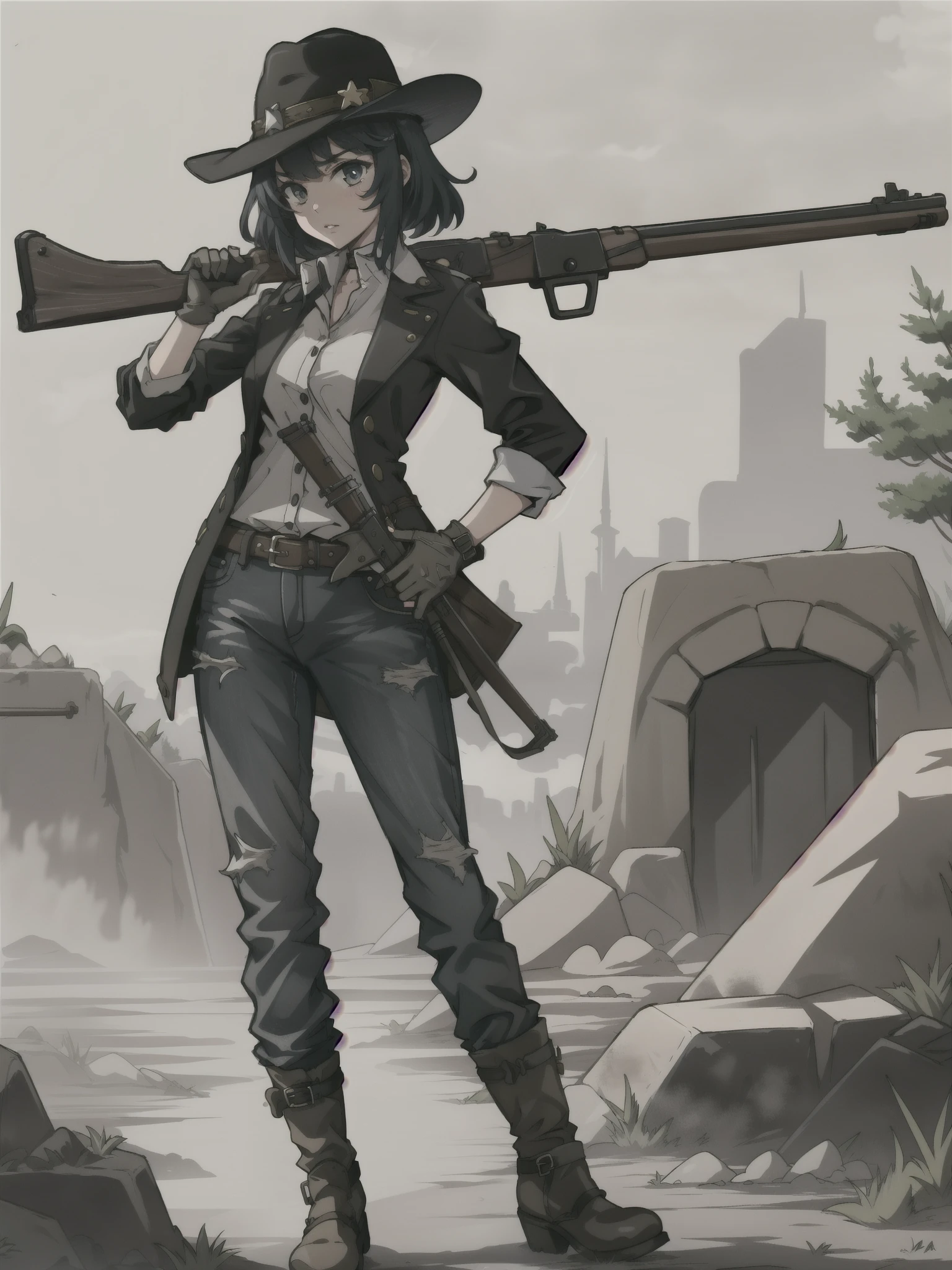 grainy, masterpiece, extremely detailed, 1girl, solo, solo focus, alien, black hair, hazel eyes, cowboy hat, jeans, cowboy boots, leather gloves, underground, base city sewers, mature lady, holding weapon, leveraction, antique firearm, trigger discipline, side view