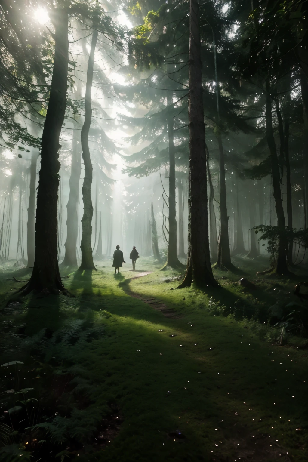 Studio Ghibli style,cursed forest,2people,wandering,detailed trees,magical atmosphere,floating lanterns,glimmering lights,mysterious shadows,moss-covered ground,ethereal fog,majestic ruins,enchanted creatures,vibrant colors,surreal landscapes,(best quality,4k,highres),dreamlike,mystical,soft color palette,subtle lighting.