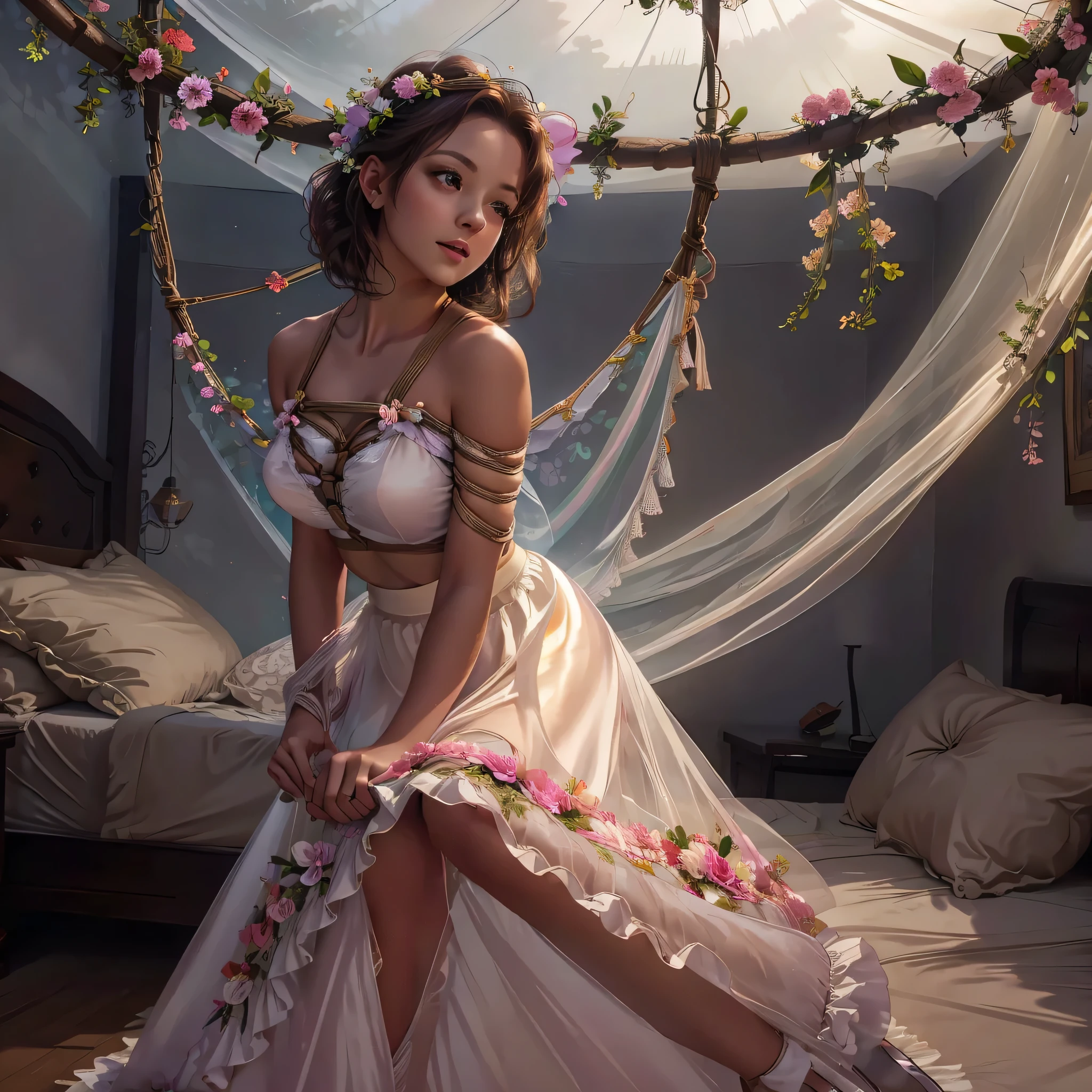 1girl,(bright lighting,romantic setting),dreamy background,,dark hair, mesmerizing gaze, , soft skin, alluring beauty, artistic portrait, high-quality image, vibrant colors,nude but long floral lace skirt, mosquito net, romantic bedroom, sidesuspension,solobound