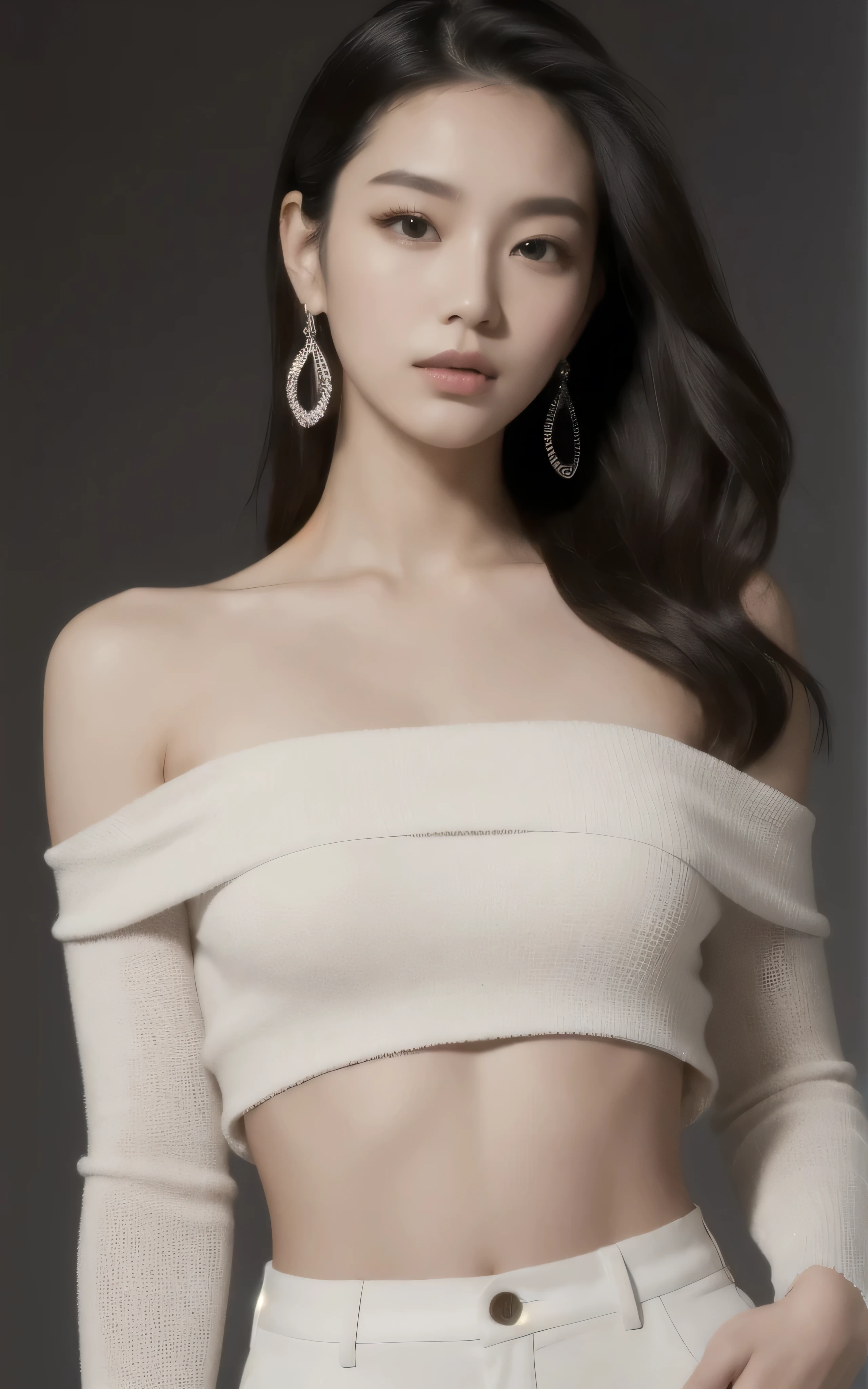 masterpiece, Best quality, One, 1 girl, ultra textured, glowing skin, earrings rings, glamorous, fancy details, Slicked hair, fascinating, bare shoulder, crop top, long pants, shallow depth of field, Contrasting, professional model, Face from front, portrait, Two small tattoo dots under the eyes