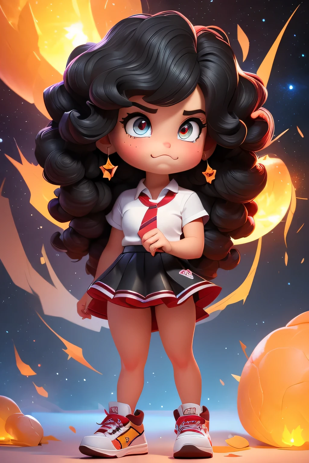 A conceited collegiate girl with a huge chest and curly hair with two tails, her eyes are yellow and her face is angry with rejection in a bad honest mood and she is wearing a gray school shirt and a red tie and underneath is a shiny black skirt and she is wearing a pair of sneakers and carrying a power tornado galactic in your hand power