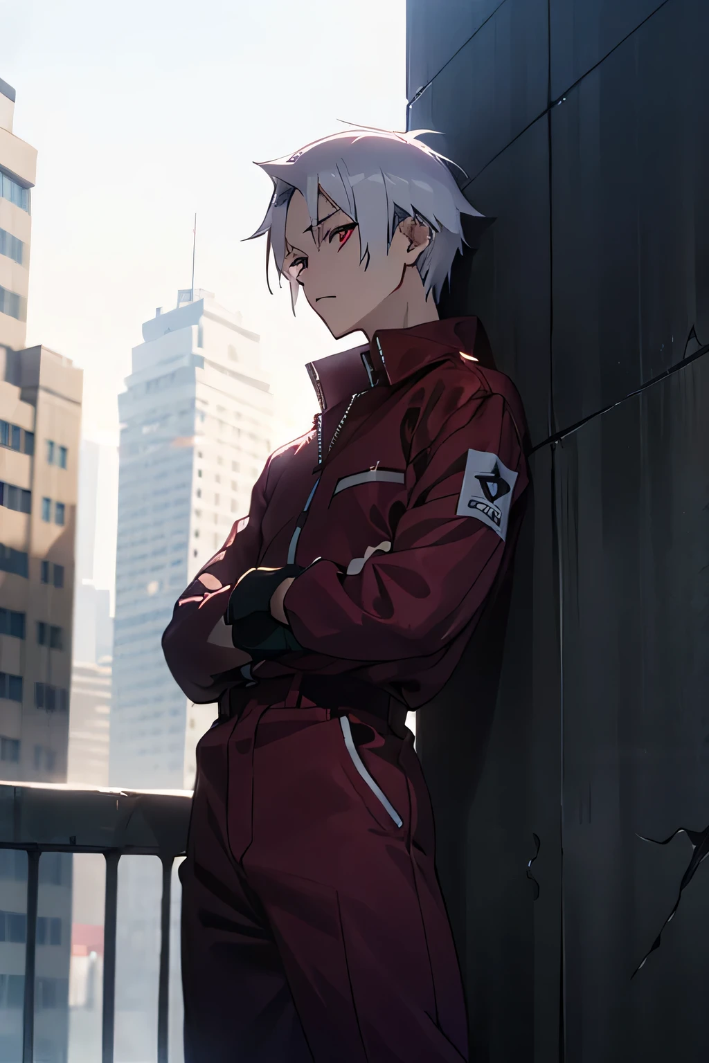 male, young adult, Prison Jumpsuit, White Hair, Red eyes, City background.