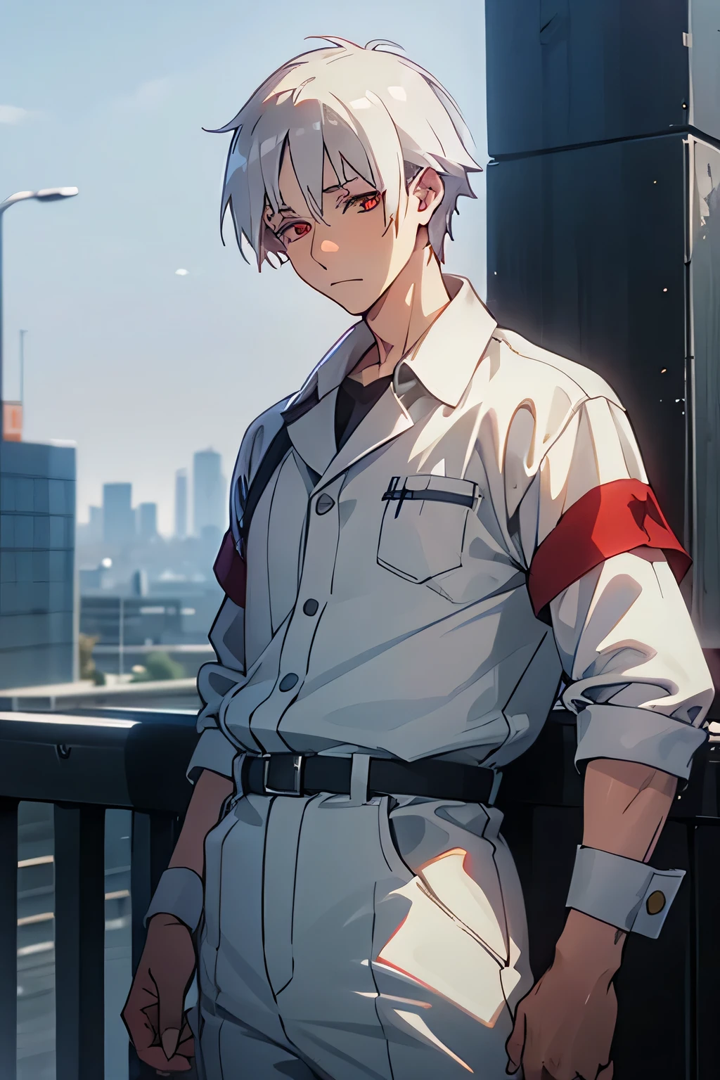 male, young adult, Prison Jumpsuit, White Hair, Red eyes, City background.