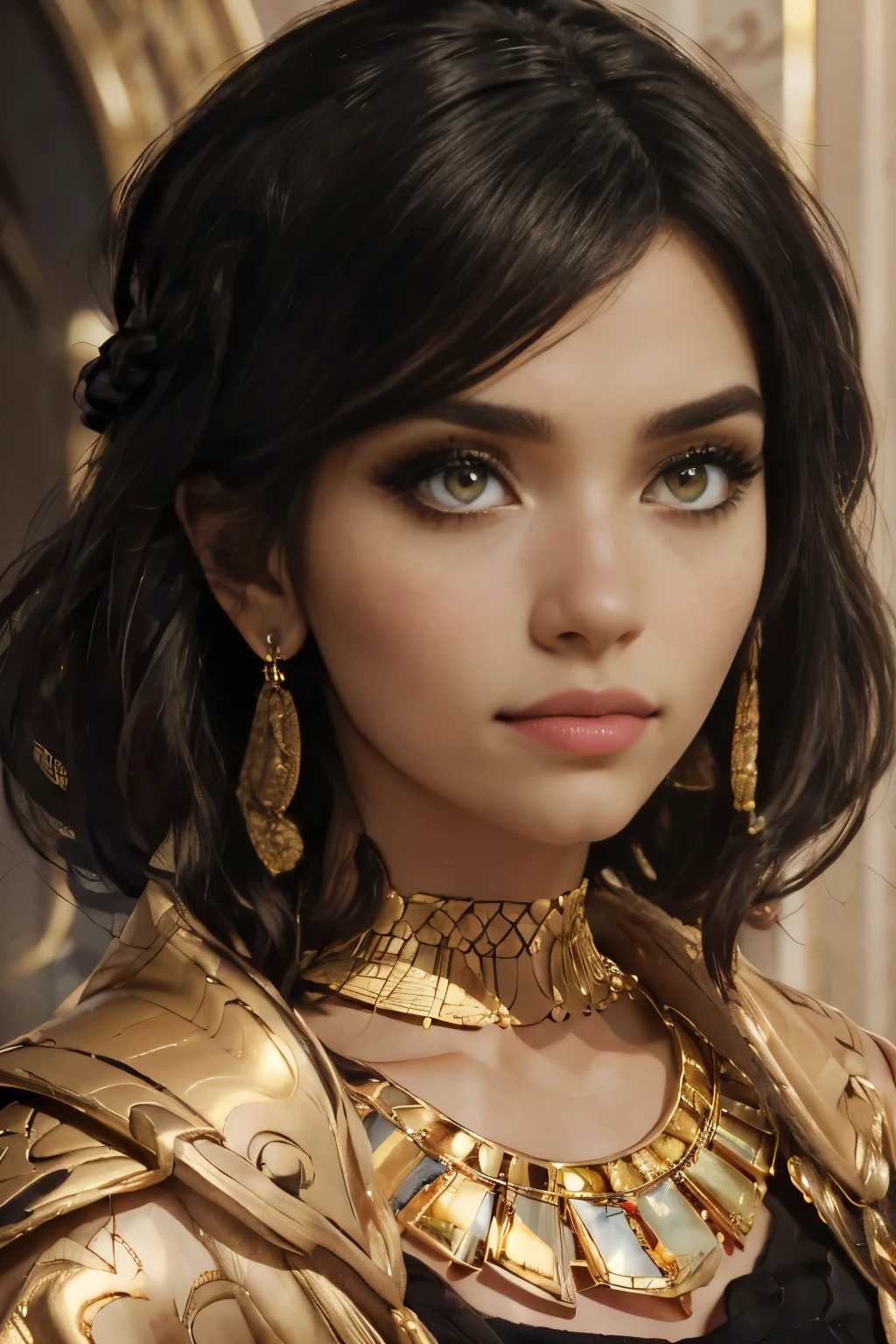 hyper realistic portrait shot of a beautiful egyptian queen, looking down proudly on the camera with her (expressive yellow eyes), tanned skin tone , thin nose, thick kissable parted lips , (black blunt bob hair with braided bangs), golden accessories and jewelries , (thick eyeliner), (eye makeup),