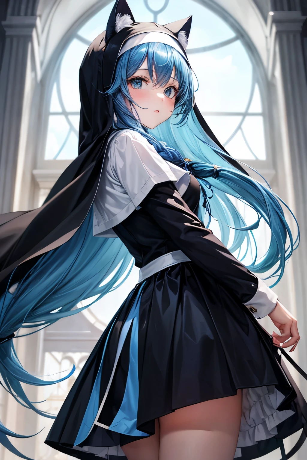 1 girl, blue long hair, blue cat ears, nun costume, skirt is up, look from below