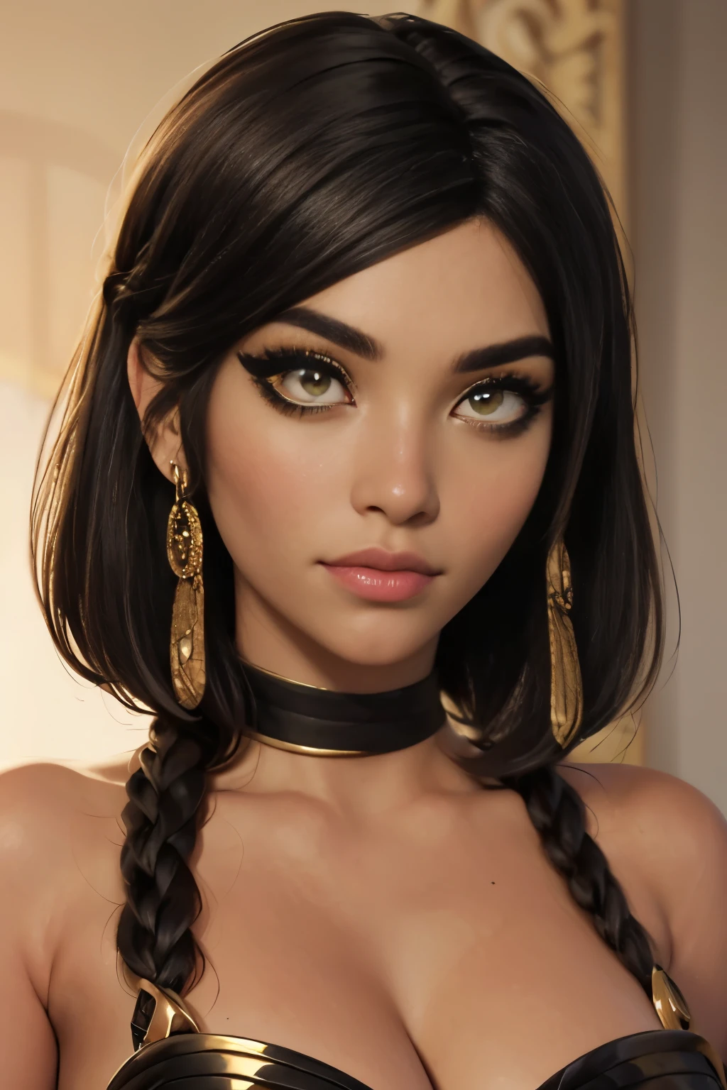 hyper realistic portrait shot of a beautiful egyptian queen, looking down proudly on the camera with her (expressive yellow eyes), tanned skin tone , thin nose, thick kissable parted lips , (black blunt bob hair with braided bangs), golden accessories and jewelries , (thick eyeliner), (eye makeup),