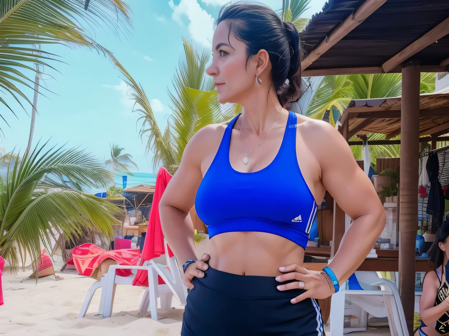 there is a woman 40 years old in a blue top and black skirt on the beach, wearing two - piece swimsuit, 40-year-old woman from cuba, sport bra and dark blue shorts, standing at the beach, standing near the beach, wearing fitness gear, posing on a beach with the ocean, near the beach, profile image
