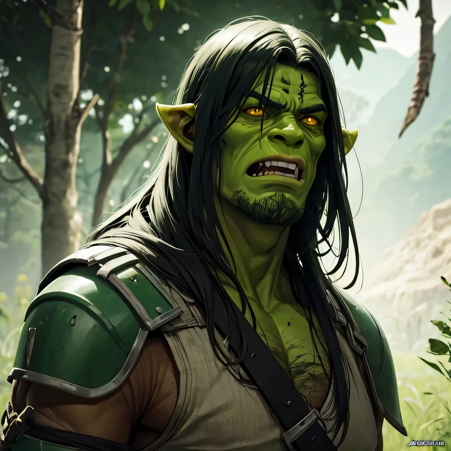 Meio orc, 1,80 de altura, pele verde, cor dos olhos laranja, cabelo ruivo, armadura do couro, cavaleiro, raiva, cena com grito de guerra, no estilo anime + realistic strokes