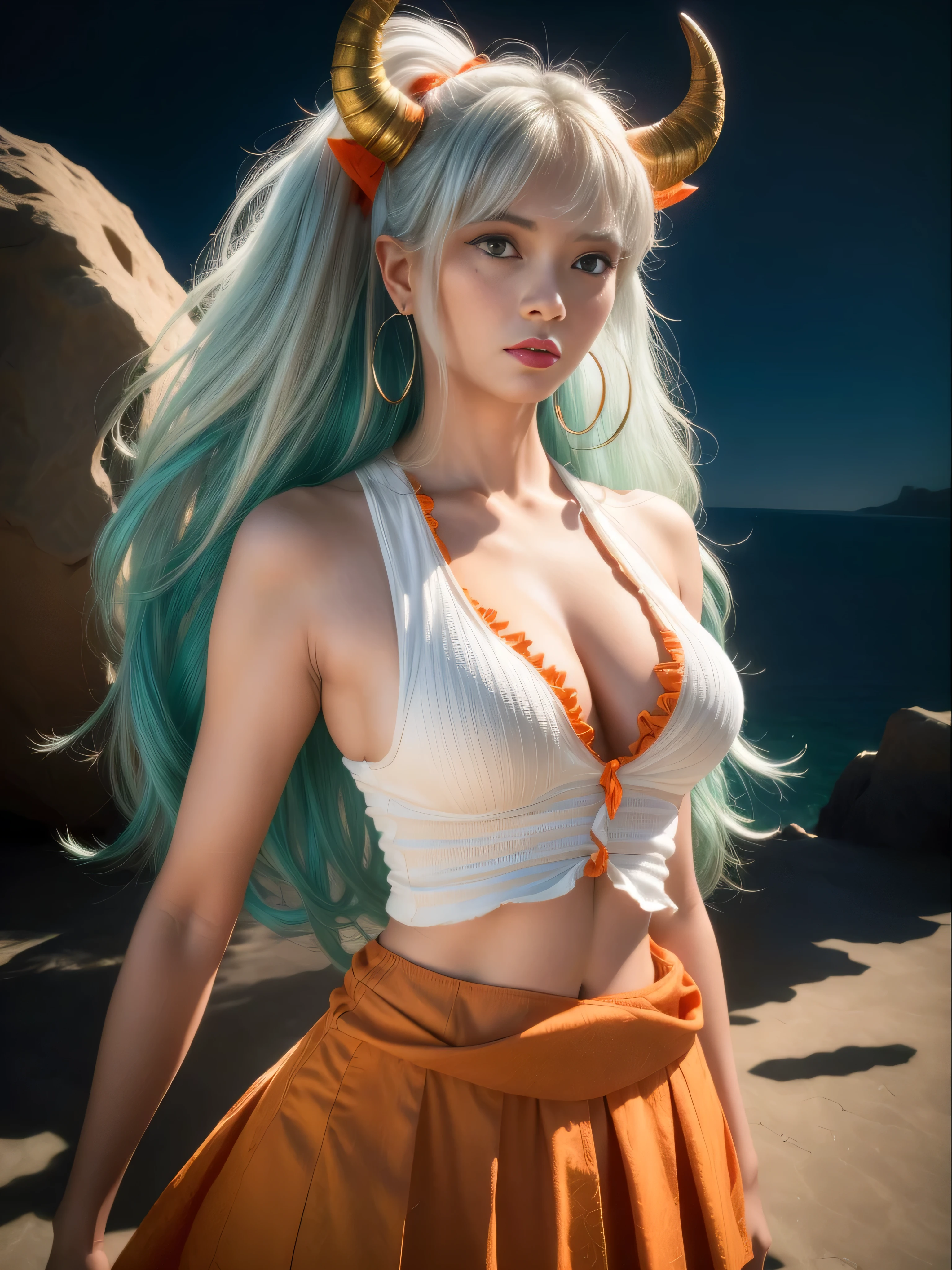 ultra realistic 8k cg, masterpiece, ((ultra detailed background, delicate pattern, intricate detail)), (highly detailed, fine details), best quality, (photorealistic:1.4),beautiful lighting,  absurdres, RAW photo, film grain, ((medium breasts, slim girl)), Yamato, long hair, 1girl, horns, white hair, (solo), oni, red horns, curled horns, hair ornament, (multicolored horns), jewelry, earrings, japanese clothes, hair stick, sleeveless, bare shoulders, aqua hair, sidelocks, hoop earrings, white crop top shirt and orange skirt with frills, lustful look, ((orange eyes, slim waist, large breasts)), (complex detailed background, barren land, moon, full body shot), from head to toe, thigh high socks