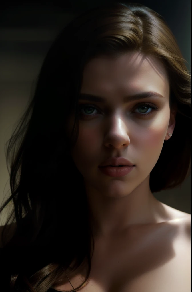 Portrait of a brunette Scarlett Johansson, full body shot, deep green eyes, and a bent nose, hyperrealistic, ultradetailed, detailed skin, eyes clear, High contrast, shadows, atmospheric lighting, the background is dark, moodfilter, beautiful, realistic, ultra hd, hyperrealism, detailed, photorealistic, studio, photo, professional,