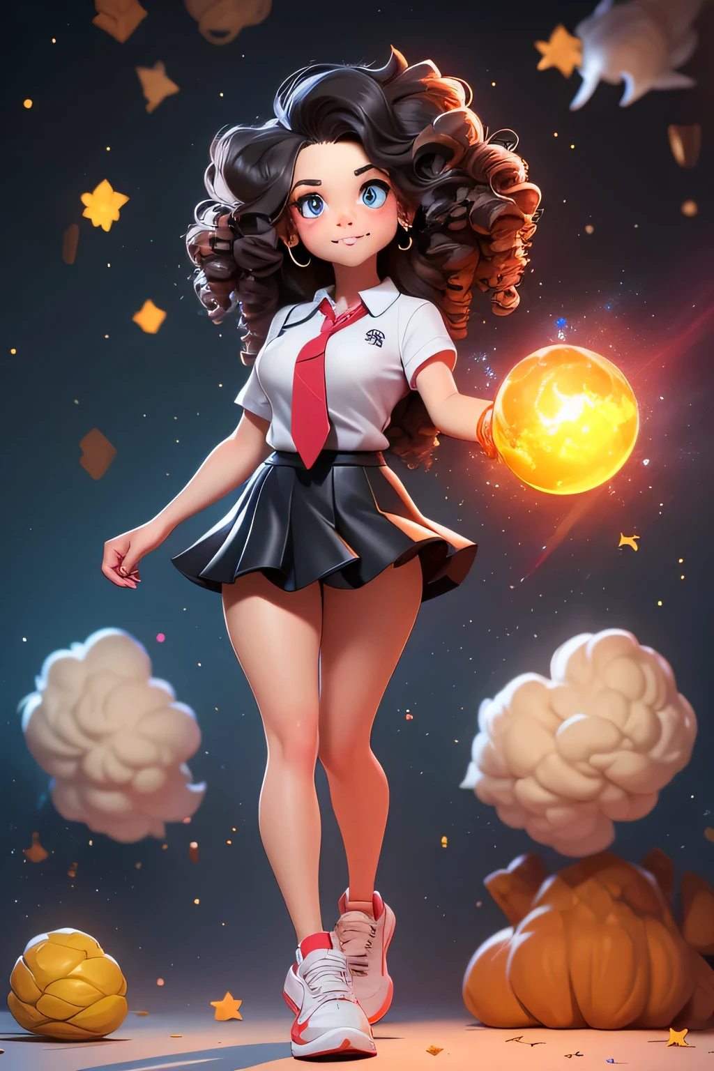 A conceited collegiate girl with a huge chest and curly hair with two tails, her eyes are yellow and her face is angry with rejection in a bad honest mood and she is wearing a gray school shirt and a red tie and underneath is a shiny black skirt and she is wearing a pair of sneakers and carrying a power tornado galactic in your hand power