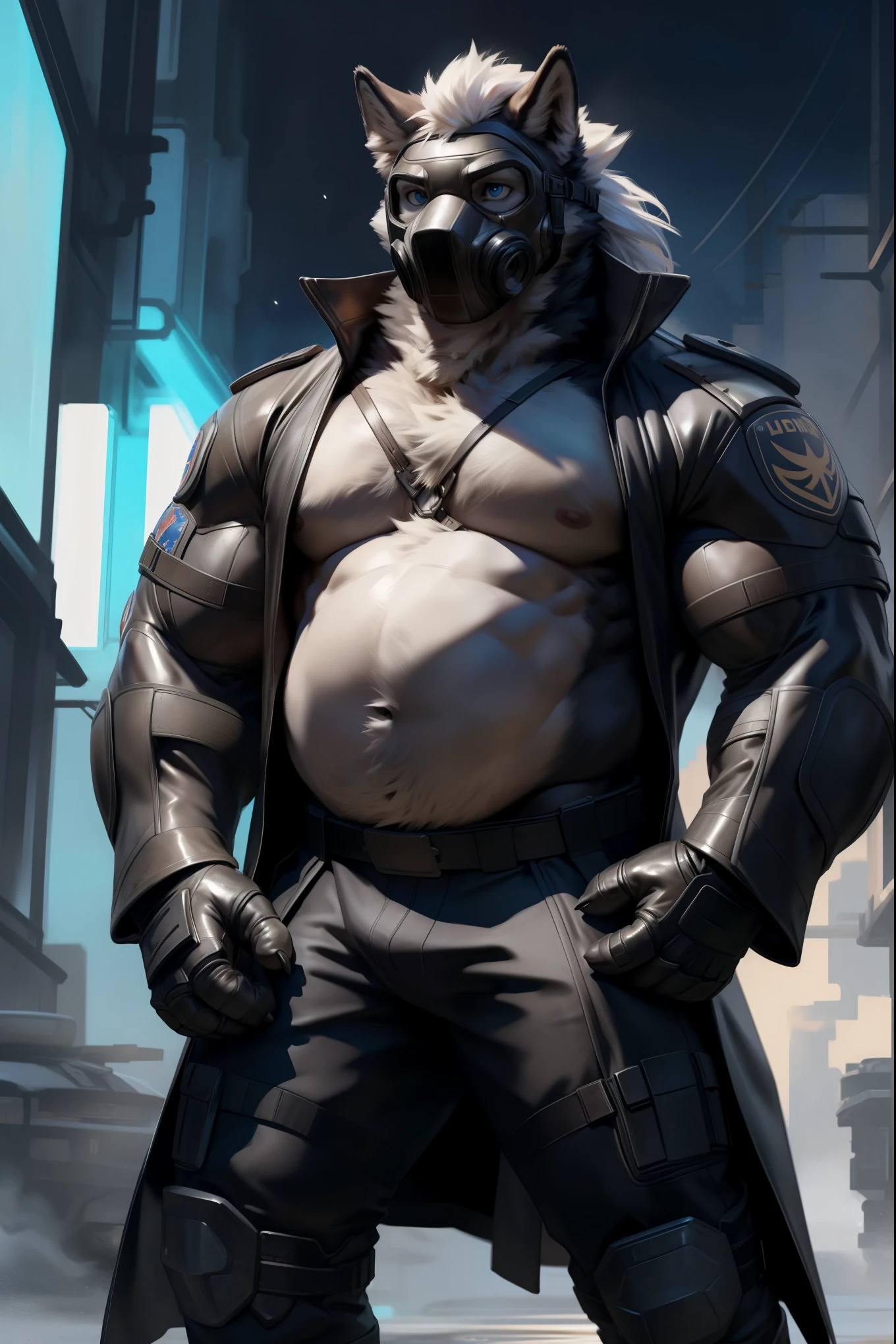 (by taran fiddler), (by darkgem:0.8), (by chunie:1), masterpiece, portrait, serious, looking at viewer, (javid:1.2), 8k, ultra detail, full body, grey furry body, male, solo, anthro wolf, grey wolf, ((detailed gas-mask, mechanical jawline, samurai mask, eyes covered, blue eyes, gas-mask face, mask teeth, mask tubes, mask grill mouth, mouth tubes, Bane mask, Monster mouth)), Von Lycan, (face hidden, gas mask wolf, face covered by gas mask), no shirt, not wearing shirt, (no shirt), furry chest, huge chest, furry stomach, soft stomach, big belly, belly, furry body, chiseled furry, ((black clothing, wearing a black trench coat, WW2 German military coat, long black coat, no shirt, black leather gloves, metal finger claws, no insignia, black tactical pants,  straps on pants, black leather boots, combat boots)), detailed goggles, face hidden, welding goggles, dark round sunglasses, dark goggles, black goggles, detailed eye goggles, epic, grey fur, white hair, perfect hands/ gloved hands, arms at sides, silver metal claw tips, facing camera, very tall, muscular wolf , No Horns, NO hat, towering, hulking tall, huge body, hulk, monstrous, huge muscles, wide shoulders, black clothing, wearing a black trench coat, long coat, wearing a long coat, log sleeves, loose sleeves,WW2 German military coat, long black coat, no shirt, black leather gloves, metal finger claws, no insignia, black tactical pants,  tacutcal gearstraps on pants, black leather boots, combat boots, long white hair; long perfect white hair, no shirt, corporate security, Resident Evil, face covered, long white hair, waist length hair, dark knight bane, silver buttons, detailed hands, dark, neon cyberpunk background (detailed cyberpunk background at night), cyberpunk 