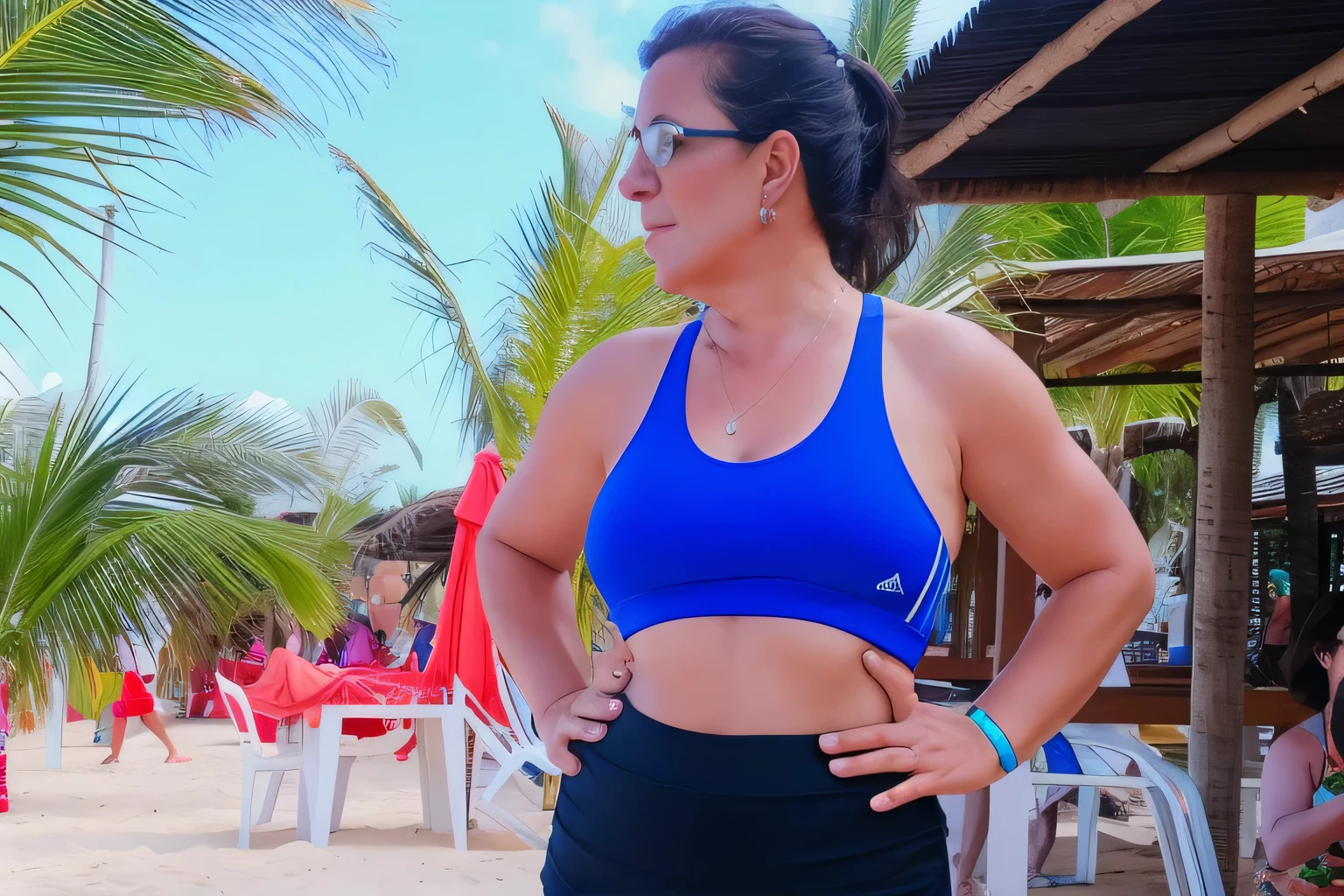 there is a woman 40 years old in a blue top and black skirt on the beach, wearing two - piece swimsuit, 40-year-old woman from cuba, sport bra and dark blue shorts, standing at the beach, standing near the beach, wearing fitness gear, posing on a beach with the ocean, near the beach, profile image