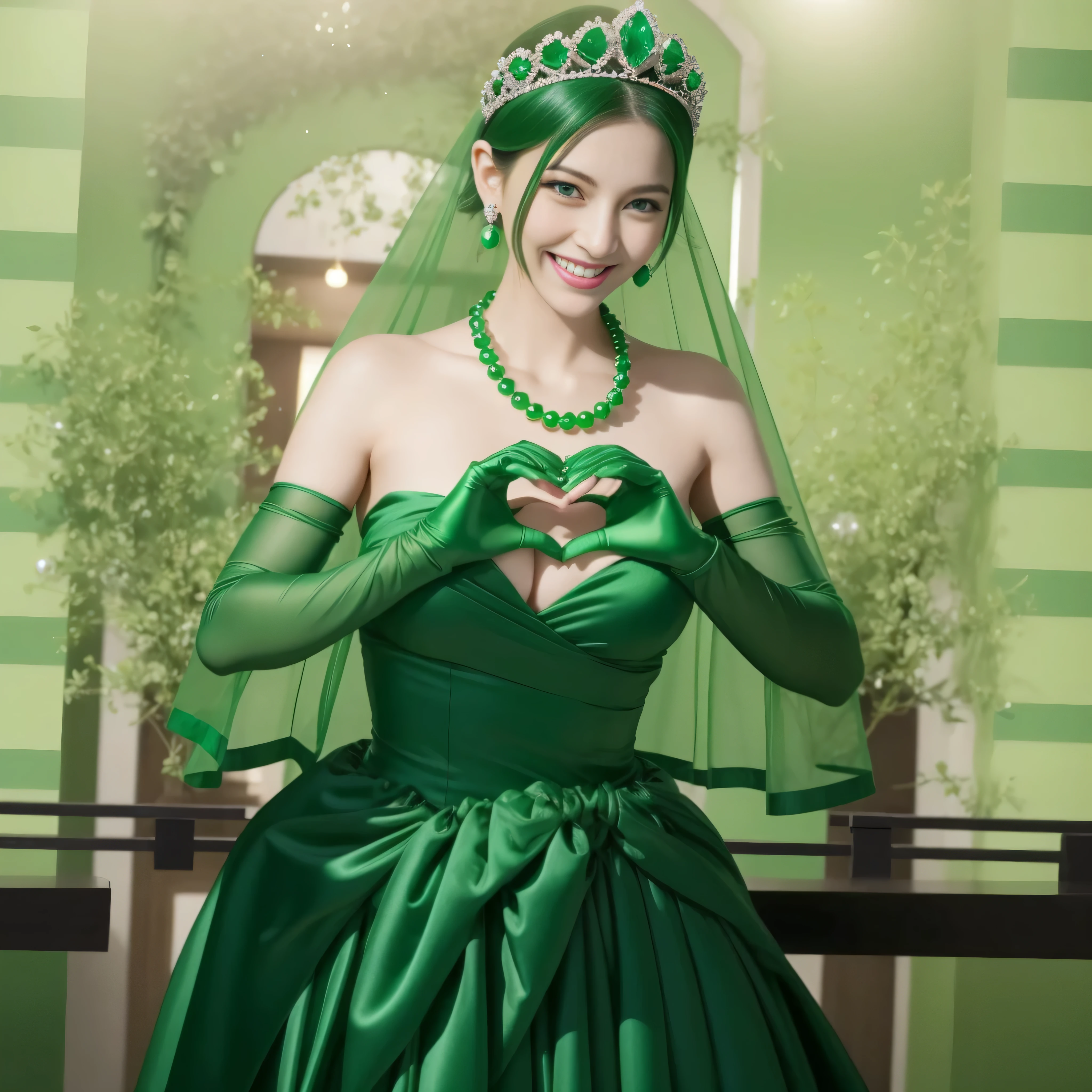 emerald tiara, green pearl necklace, Boyish black hair berry short, lipstick, Smiling Japan woman, very short hair, big breasts beautiful, green eyes, Green long gloves made of satin material, green eyes, emerald earrings, Green Valley, Heart with both hands