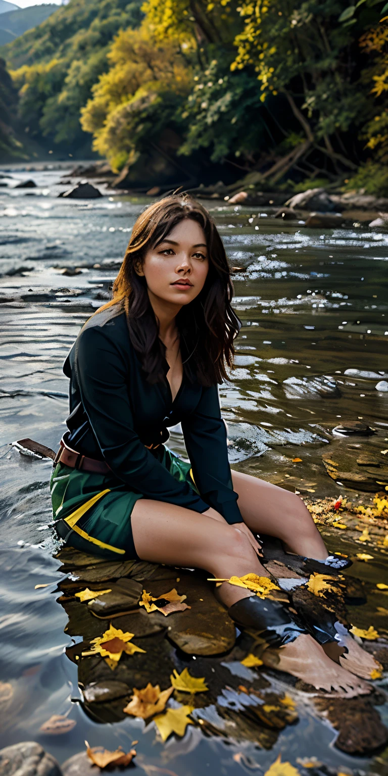 (1 girl, sitting on stones), (great rivers, imposing, rushing currents, waves lapping against stones on the shore), (mountains, towering, majestic, continuous, vegetation cover), (fallen leaves, flying fallen leaves, yellow fallen leaves, withered fallen leaves, green fallen leaves, a lot of fallen leaves), masterpiece, 4k, high resolution, super detailed, rich in detail