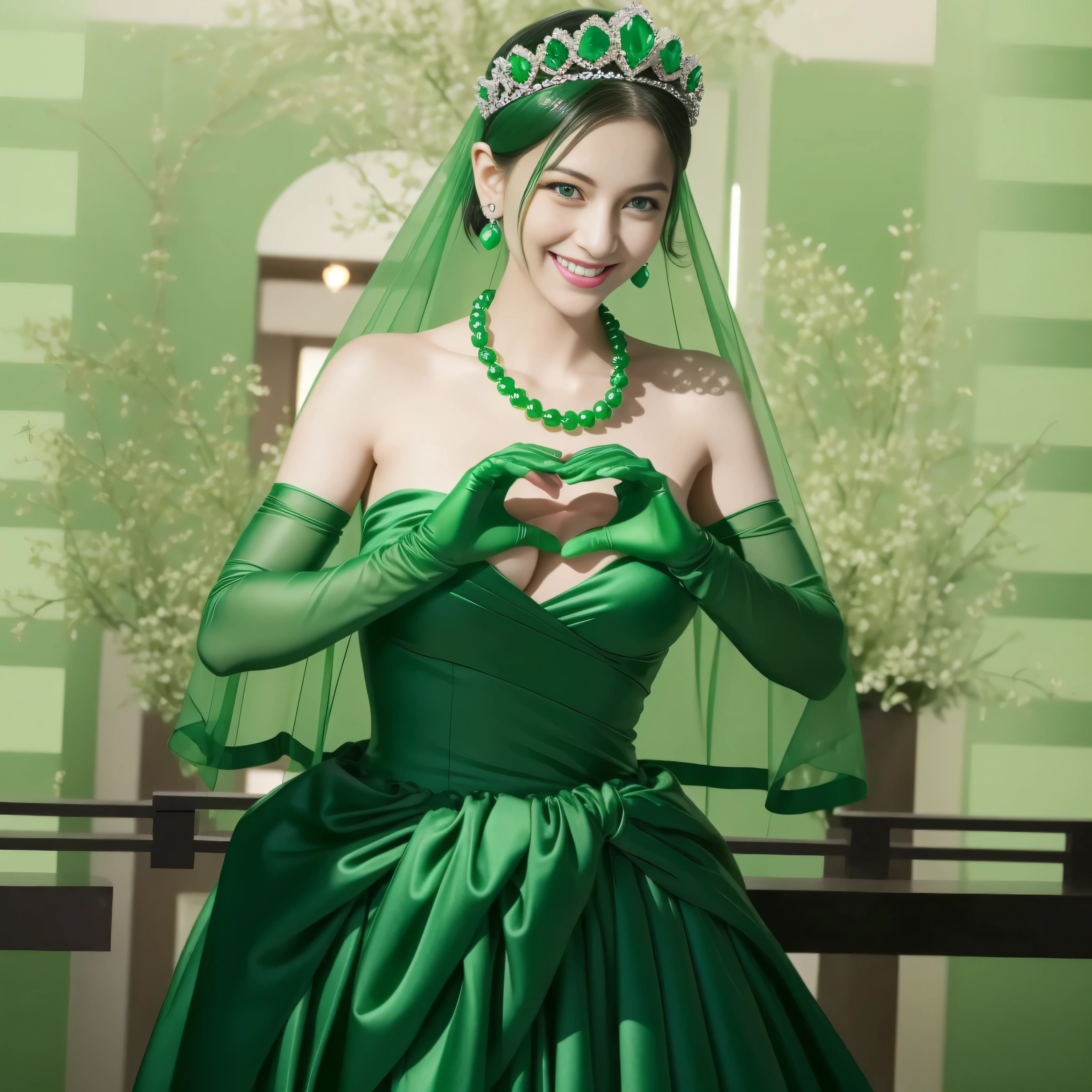 emerald tiara, green pearl necklace, Boyish black hair berry short, lipstick, Smiling Japan woman, very short hair, big breasts beautiful, green eyes, Green long gloves made of satin material, green eyes, emerald earrings, Green Valley, Heart with both hands