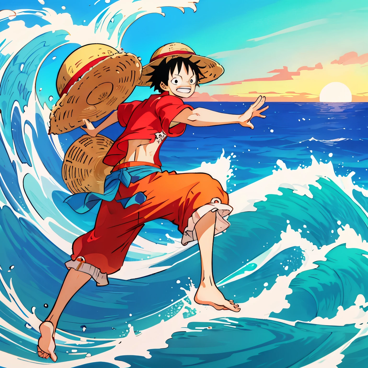 New character introduced from Luffy in One Piece, (full body illustration: 1.1), (detailed clothing: 1.2), straw hat in hand, expression showing curiosity and determination, blue ocean as background, waves gently touching feet, sun setting in the distance, best quality, masterpiece, unique design, expressive eyes, realistic details, dynamic pose, bold colors, high contrast, vivid textures.