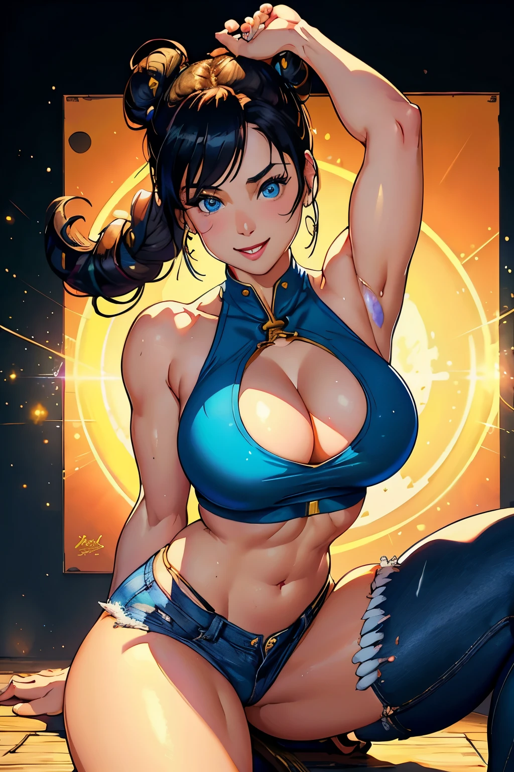Chun Li (smiling) Street Fighter wearing ripped lowrider jeans and a crop top, art by Artgerm, anime half-body portrait of a model ((HH-size breasts, very Thick thighs, athletic build, feminine form, lythe body, black hair, twin buns, 20 years old, youthful face, cleavage)) wearing a crop top, wearing ripped lowrider jeans, cheerful smile, 4k, beautiful woman with soft blue eyes, key light reflected in the eyes, doing a split for the camera, painted background, studio portrait, soft light, bezel lighting, shimmer in the eyes, bokeh background, picturesque, 8K, HDR, RGB, Ultra-HD