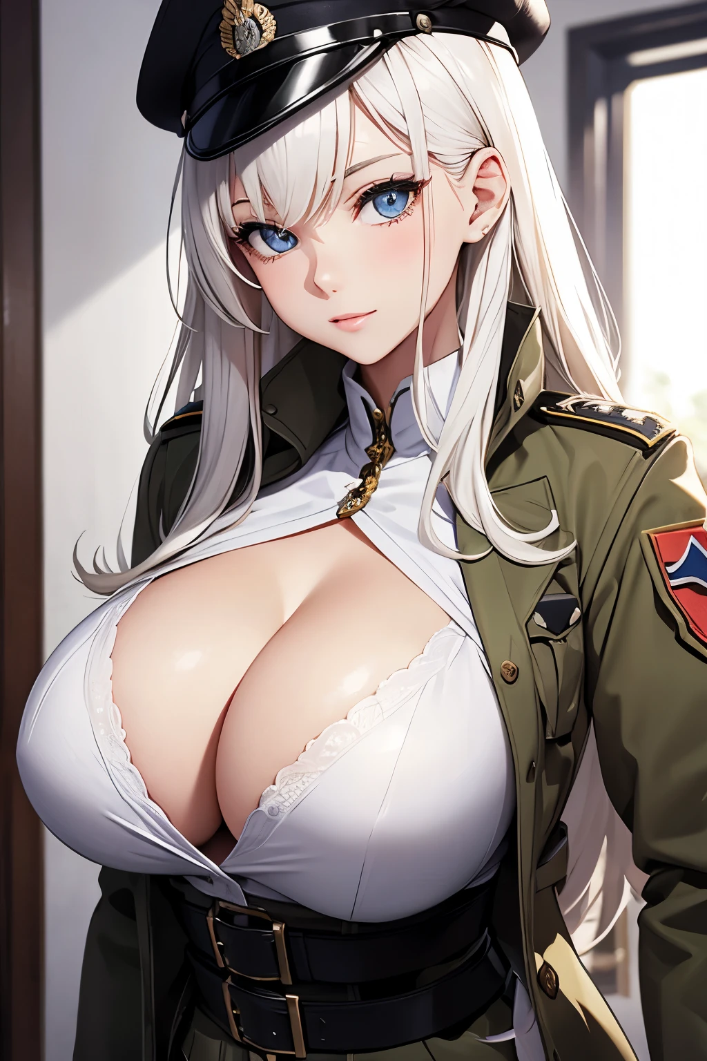 Beautiful girl, white, military, big breasts, cleavage, sexy,