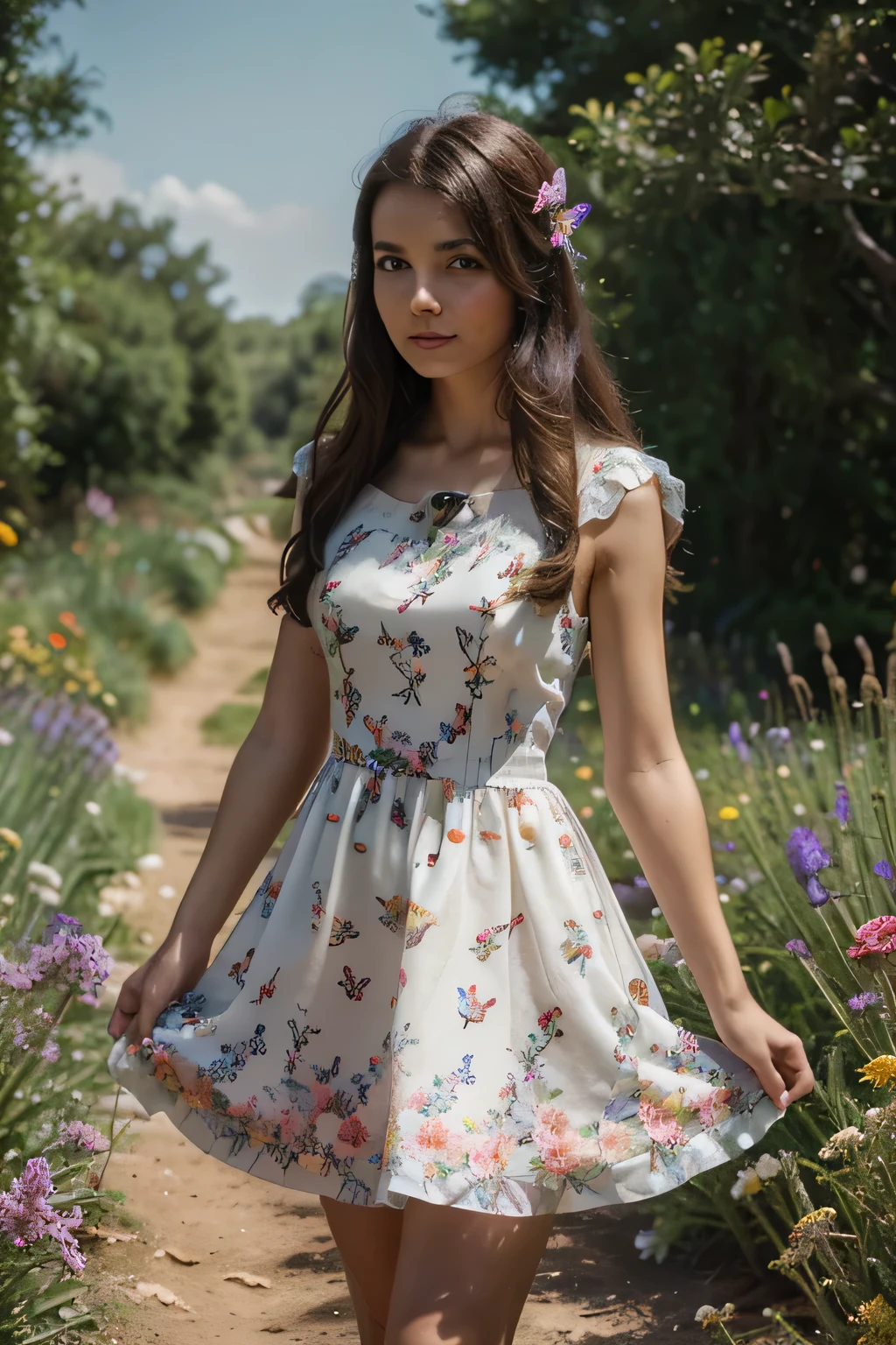 8k, a real girl with dress in the lanscape with butterflies and nature with a lot flowers