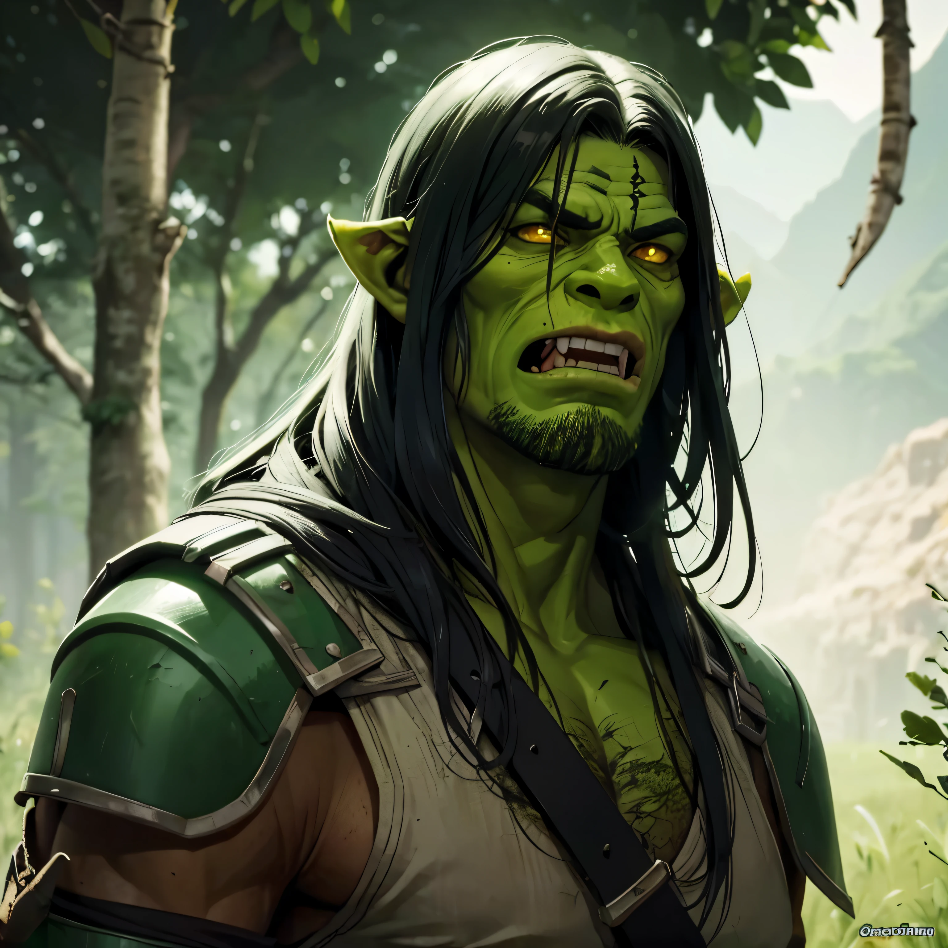 Meio orc, 1,80 de altura, pele verde, cor dos olhos laranja, cabelo ruivo, armadura do couro, cavaleiro, raiva, cena com grito de guerra, no estilo anime + realistic strokes, mostrar corpo inteiro 