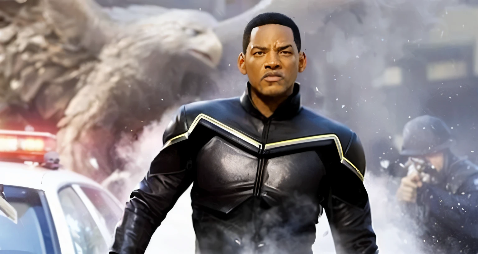 a man wearing a black leather suit walking next to a police car, Will Smith, Will Smith disney infinity, Will Smith anime style, Will Smith punching chris rock, Will Smith as neo in the matrix, in a science fiction film, Will Smith slapping chris rock, morfeu, chris rock slapping Will Smith, popcorn as morfeu, Filme de 2022, SF