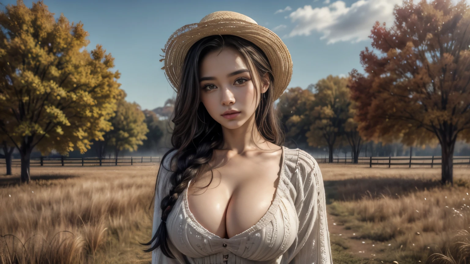 Best quality, masterpiece, Beautiful,  young latina woman, looking straight at viewer, wearing simple cowgirl outfit, posing on field, professionalism, , detailed face, detailed body, symmetric face, big cute eyes, cute face, dynamic pose, tattooed hands, deep cleavage, perfect anatomy, photorealistic, curvy body, black braid hair, 8k, ultra realistic, foggy autumn, farmhouse, wide desktop wallpaper, ambient occlusion