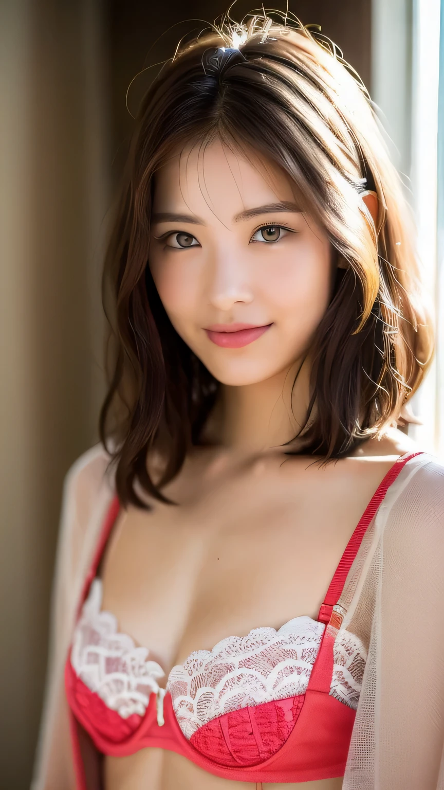 masterpiece, highest quality, Raw photo, Realistic female images、 big and full breasts、beautiful and perfect face,  soft smile、One 20-year-old girl、written boundary depth, High resolution, Super detailed, Changing room behind the scenes、finely, very detailed, very detailed目と顔, sharp pupils,bob hair、neat bangs、pink lace bra、F cup breasts、natural smile、Real World、emphasize cleavage、triumphant smile、the corners of the mouth rise、translucent、small face、Pink Rouge、thin lips、I noticed it while changing clothes..、full of confidence