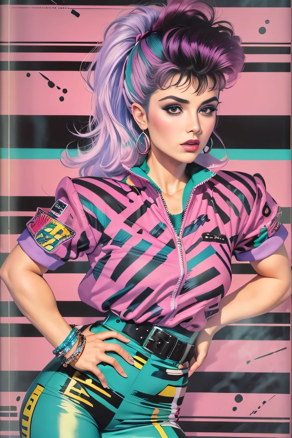 1980s, 1girl, siouxsie, kim bassinger, punk, pastels, sfw, dynamic, 80s barbie clothes, 80s movie poster art style, pattern background