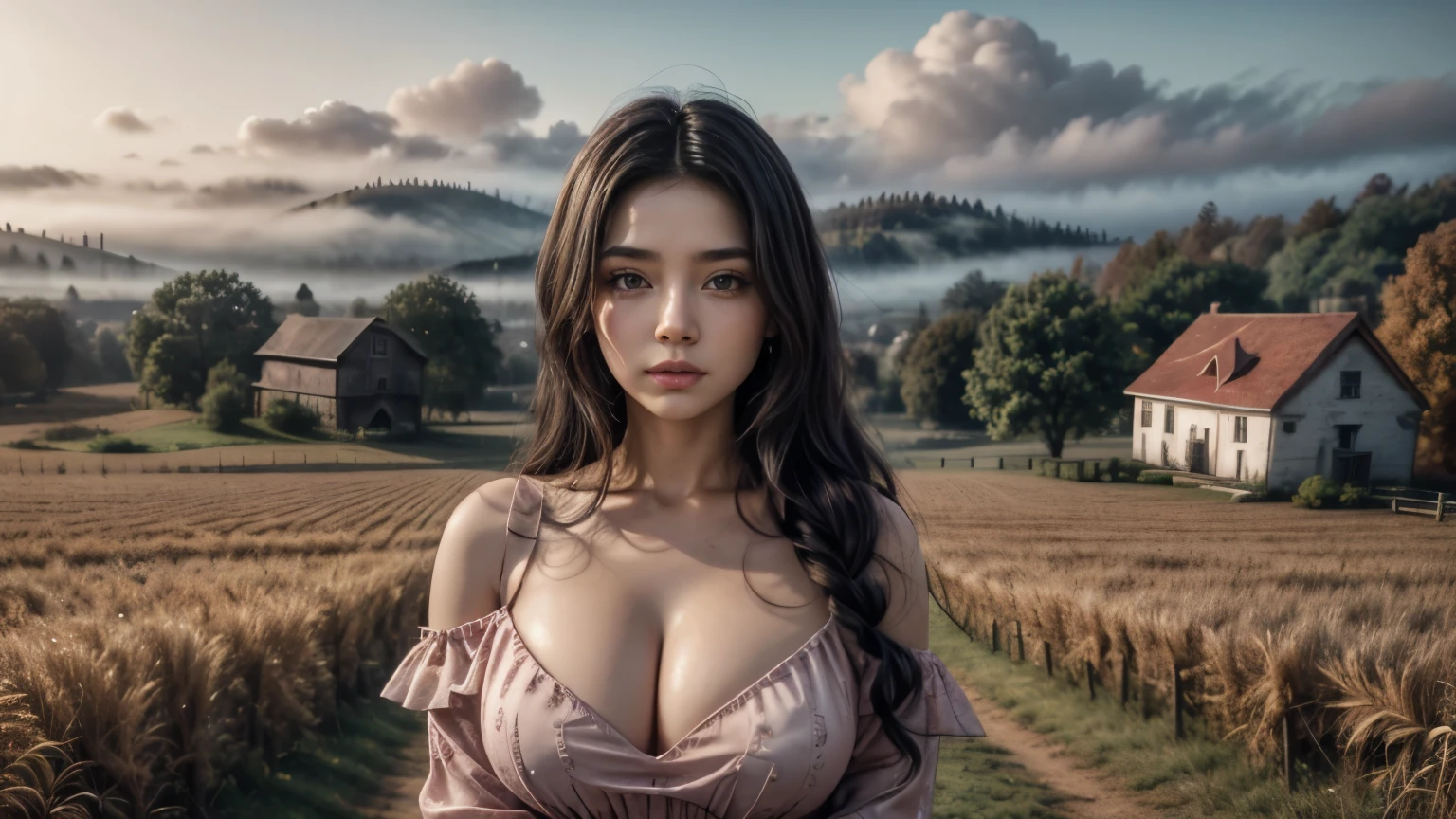 Best quality, masterpiece, Beautiful, young latina woman, village girl, looking straight at viewer, wearing simple pink gown outfit, posing on field, professionalism, age, detailed face, detailed body, symmetric face, big cute eyes, cute face, dynamic pose, tattooed hands, deep cleavage, perfect anatomy, photorealistic, curvy body, black braid hair, 8k, ultra realistic, foggy autumn, farmhouse, wide desktop wallpaper, ambient occlusion
