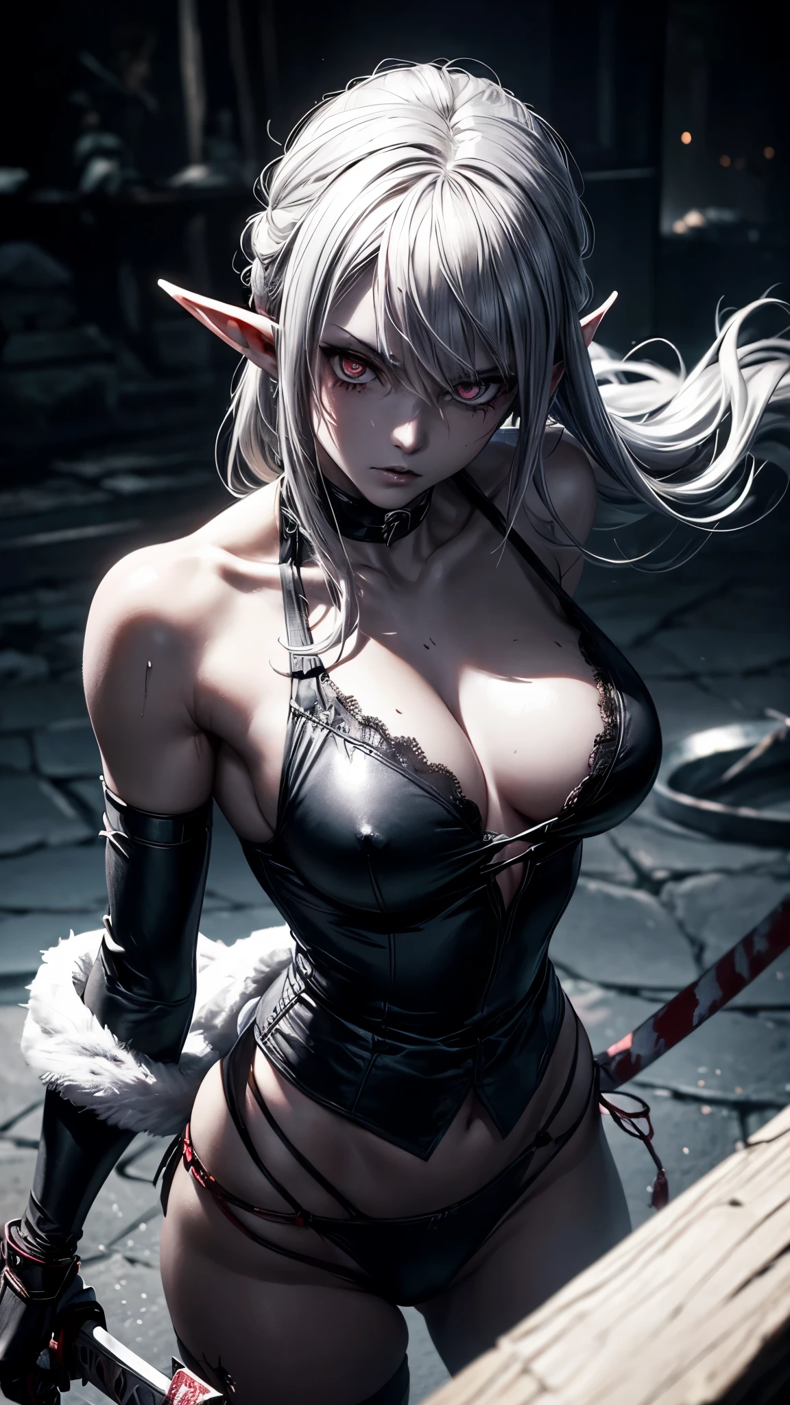 (best quality,ultra-detailed),A lifeless body inserted with two katanas,killer(sexy 19-year-old elf girl)leaning on the corpse dressed as a ninja,killer gaze(intensely furious eyes),dark mysterious background,smokey atmosphere,exquisite attention to blood details,sharp focus on the swords,deadly stance,studio lighting,vivid colors,bokeh,photorealistic,horror,sharp shadows,faint moonlight,cold-toned color palette,gritty and intense lighting effects.
