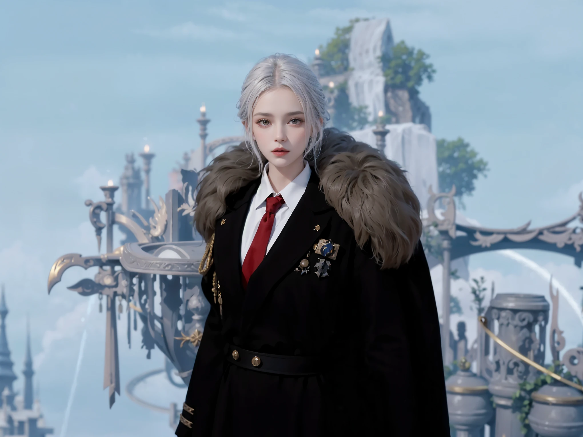 il y a une femme en manteau noir et cravate rouge, portant un costume noble noir, female character, robes de mage des nuages, délicat prince androgyne, lunar themed outfit, lineage revolution style 2, portant un manteau sur une plaine foudroyée, very detailed character, cotton robes de mage des nuages, beau prince androgyne, nain aux cheveux blancs, aux cheveux longs blancs