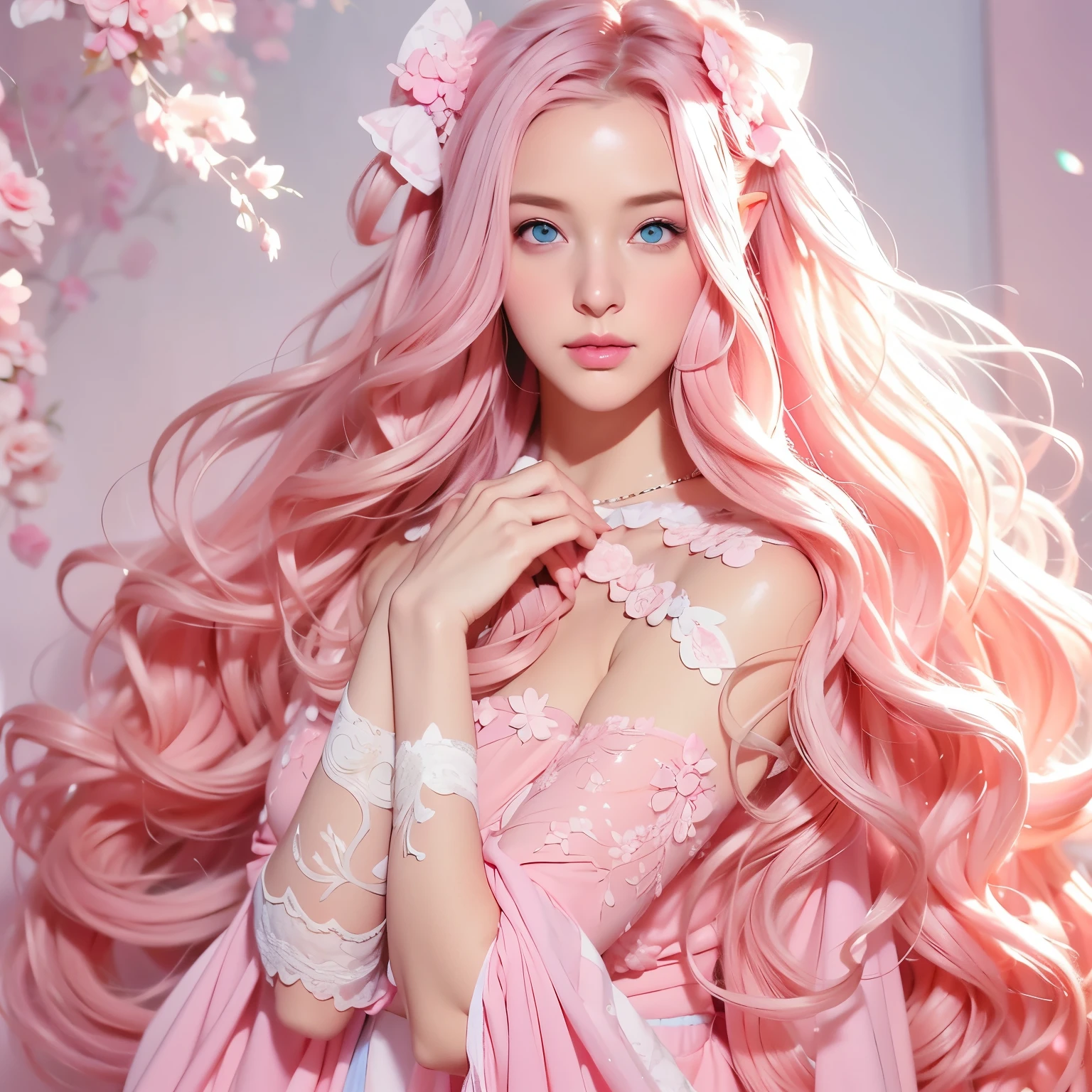 Woman, long wavy hair, pink hair, blue eyes, elf, pink dress, pastel pink and white dress, decorated with pink bows and light stockings, front face, Elf ear, elf
