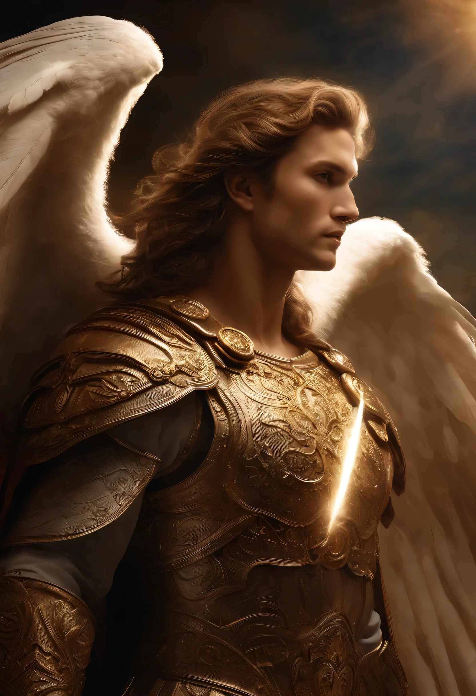 "Generate a high definition image of Archangel Michael, portrayed in a powerful and heroic posture. He is in an ethereal environment, banhado em uma luz radiante que emana de sua forma. With unwavering determination, he wields a shining sword in his right hand, prepared to destroy darkness and evil. His left hand holds a scale., symbolizing justice and balance. Archangel Michael's expression exudes determination and courage, your penetrating gaze meets the gaze of the beholder. Your armor is intricately detailed, brilhando em tons de prata e ouro, adorned with intricate patterns and protective engravings. His majestic wings spread behind him, exibindo sua imensa envergadura e penas que brilham como metais preciosos. No fundo, SOOL RAYS e um campo de batalha celestial se estendem, with celestial beings engaged in a cosmic struggle against malevolent forces.A cena geral exala uma aura de poder divino, Justice, and unwavering protection.