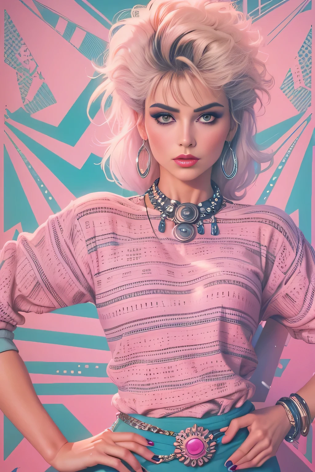 1980s, 1girl, siouxsie, kim bassinger, punk, pastels, sfw, dynamic, 80s barbie clothes, 80s movie poster art style, pattern background