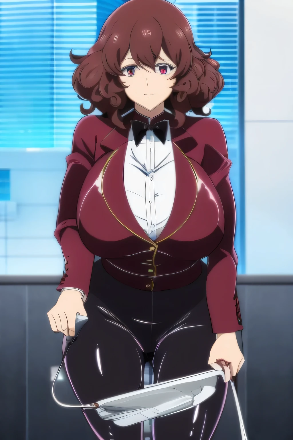 A luxurious office woman with a huge chest and curly hair, her eyes are yellow and her face is anguished by selfish, honest, happy, evil humor, and she is wearing a dark black office shirt, showing a scooter and a red coat, and underneath, tight shiny black pants, and she is wearing a huge pair of sneakers. sexy thigh and carries a cup of coffee