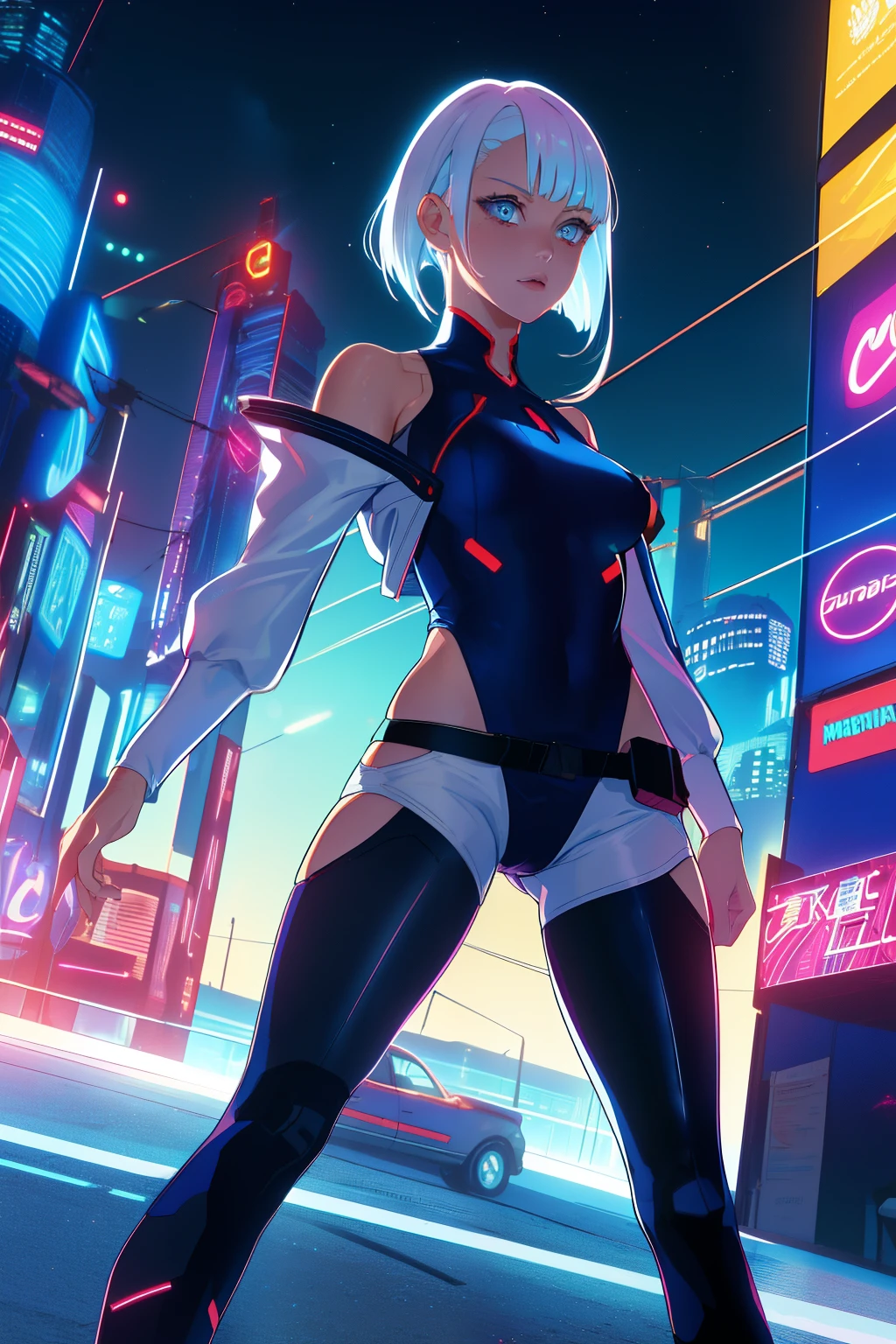 cyberpunk edgerunners, 1girl, lucy \(cyberpunk\), bare shoulders, blue eyes, breasts, leotard, looking at viewer, medium breasts, off-shoulder jacket, off shoulder, red eyeliner, short hair, sleeveless turtleneck leotard, solo, turtleneck leotard, white hair, ((masterpiece))